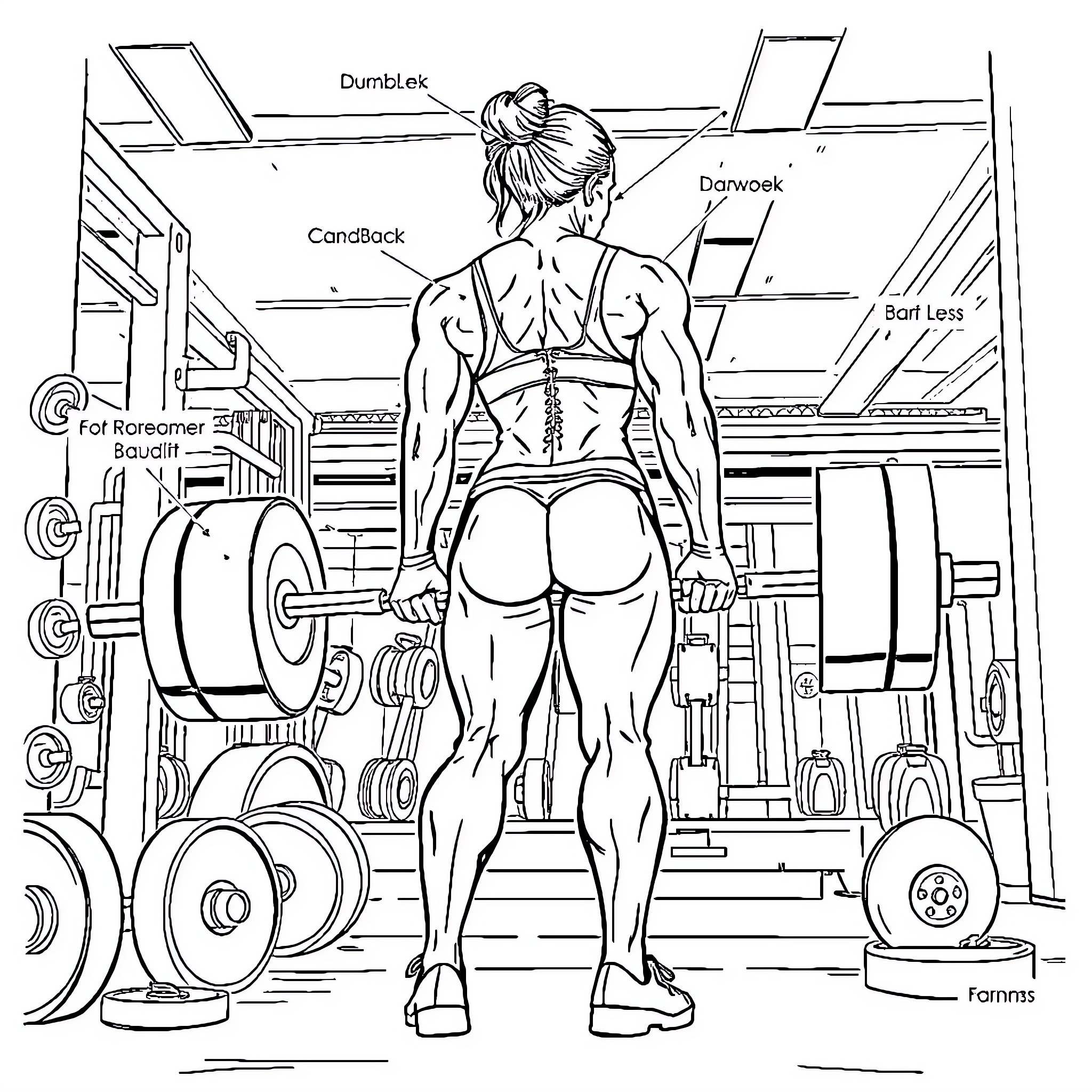 Woman working out in the gym Coloring Page (free black-and-white line drawing printable PDF for all, from beginners to advanced learners, including children, teens, adults, and seniors)
