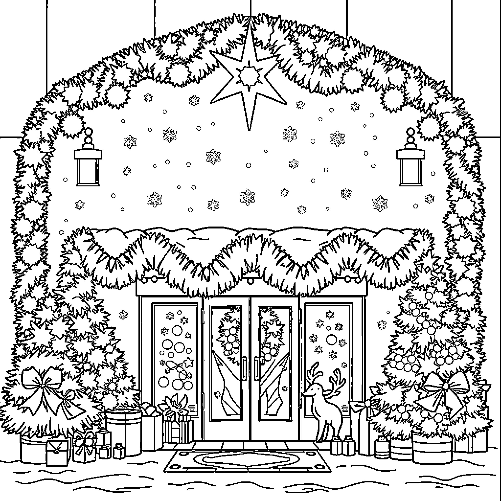 Coffin Adorned with Festive Decorations Coloring Page (free black-and-white line drawing printable PDF for all, from beginners to advanced learners, including children, teens, adults, and seniors)