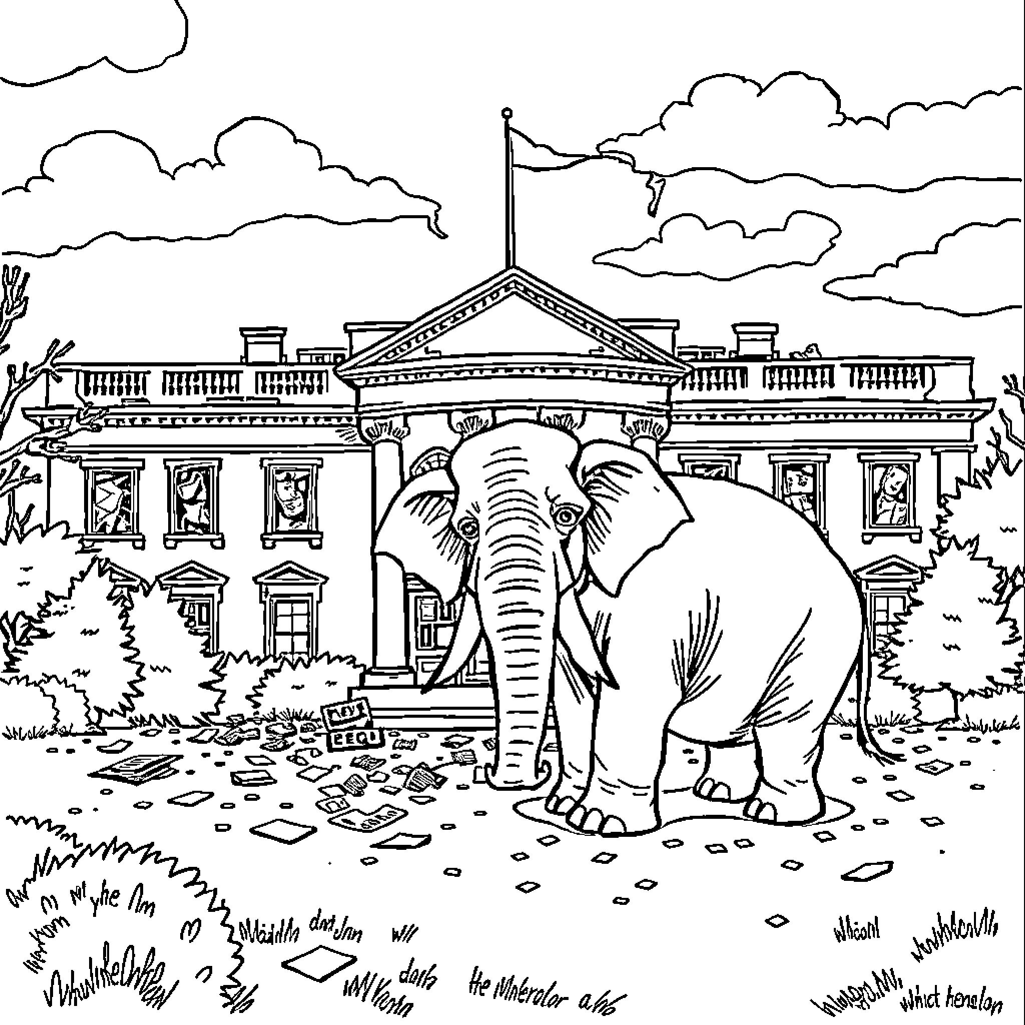 Elephant standing outside an ornate building Coloring Page (free black-and-white line drawing printable PDF for all, from beginners to advanced learners, including children, teens, adults, and seniors)