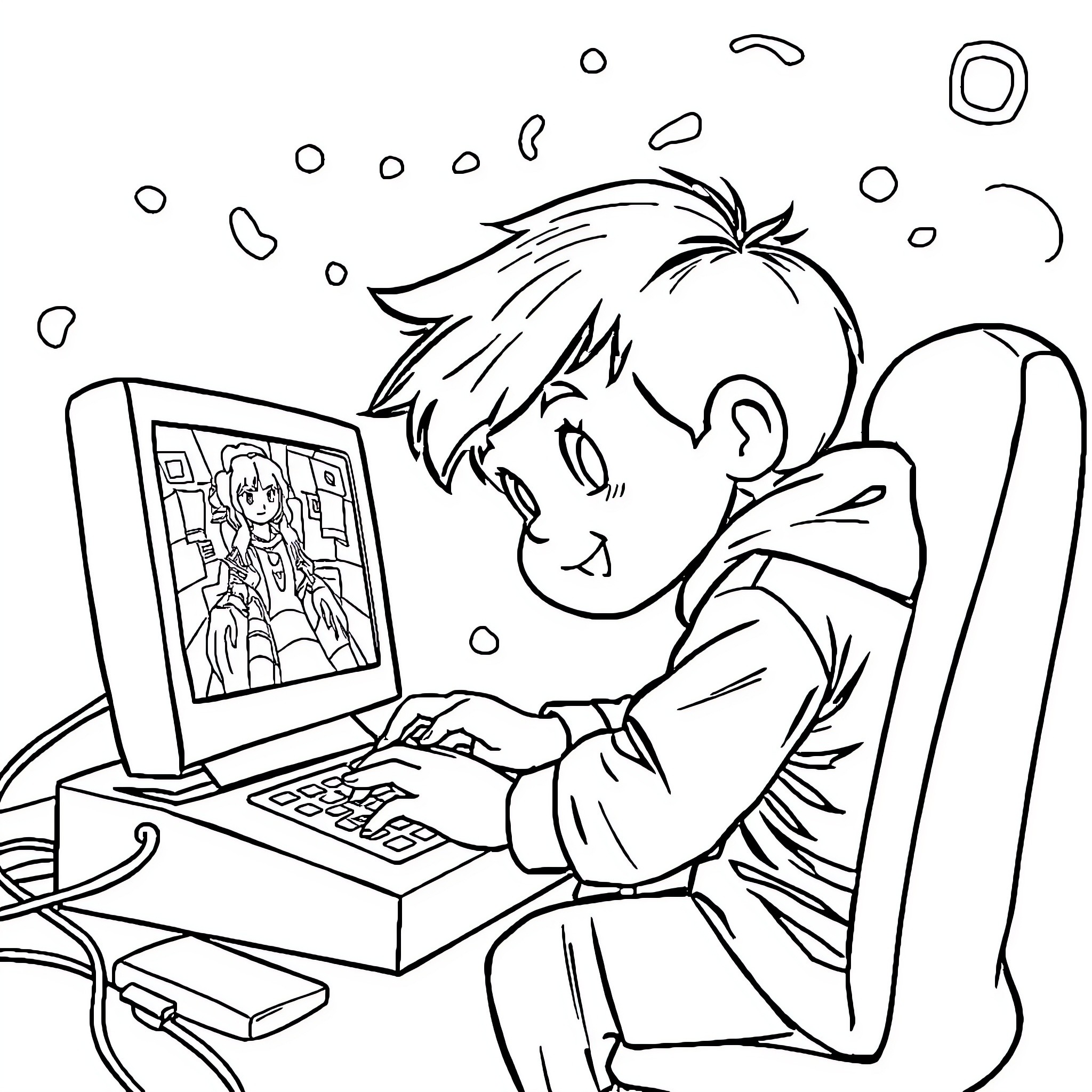 Pumuda Boy playing with computer and anime Coloring Page (free black-and-white line drawing printable PDF for all, from beginners to advanced learners, including children, teens, adults, and seniors)