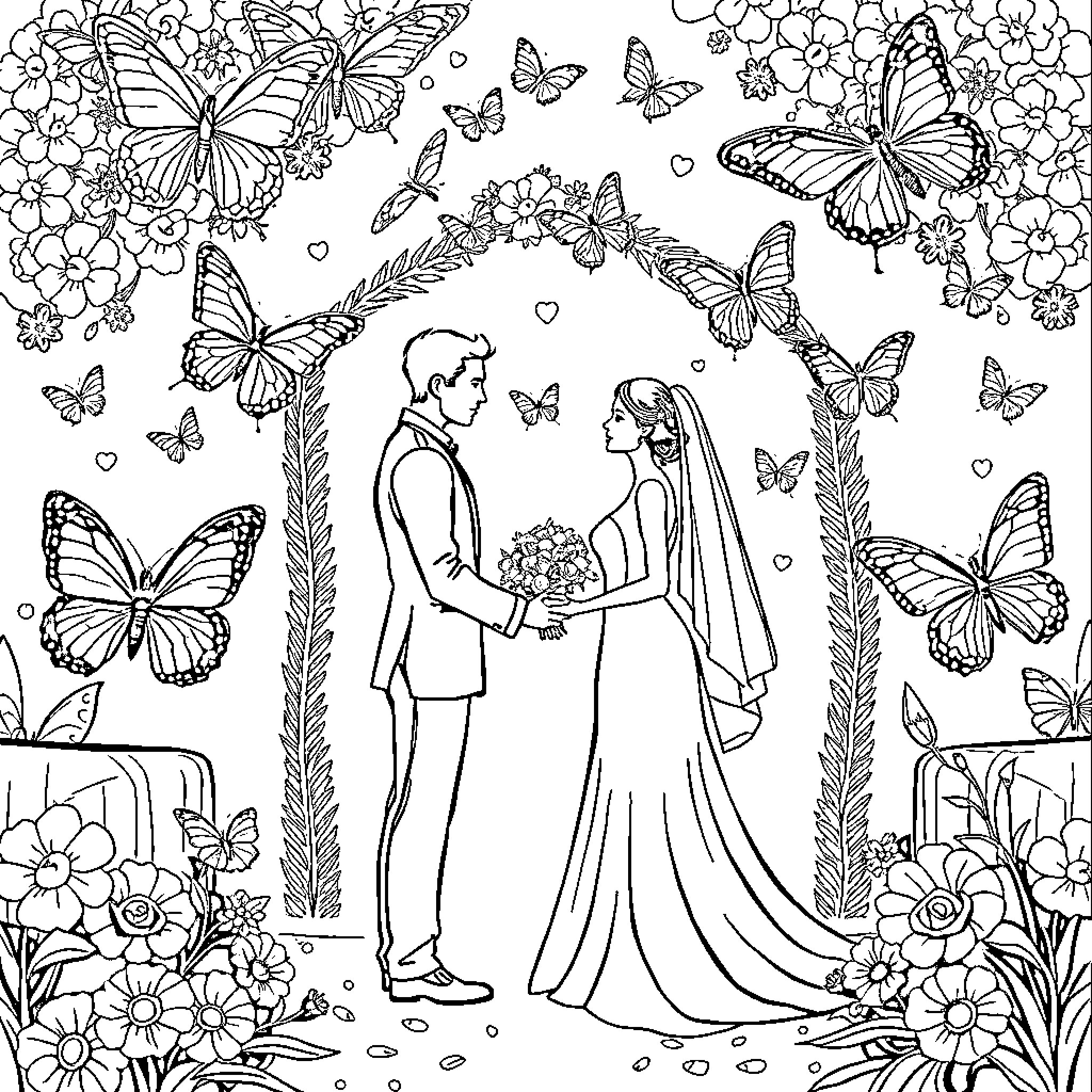 Butterfly Couple's Magical Wedding Ceremony Coloring Page (free black-and-white line drawing printable PDF for all, from beginners to advanced learners, including children, teens, adults, and seniors)