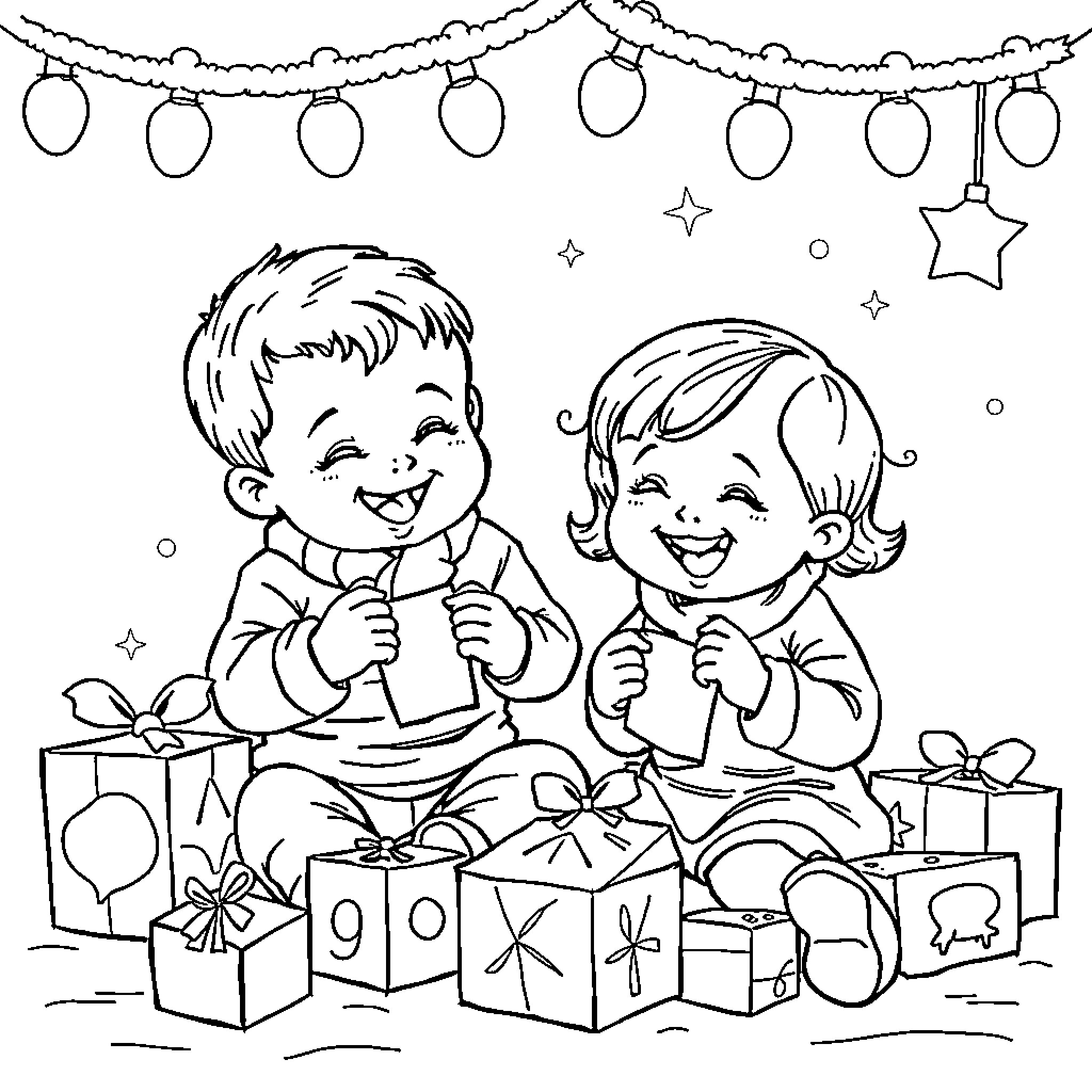 Sibling Enjoying Christmas Gifts Together Coloring Page (free black-and-white line drawing printable PDF for all, from beginners to advanced learners, including children, teens, adults, and seniors)