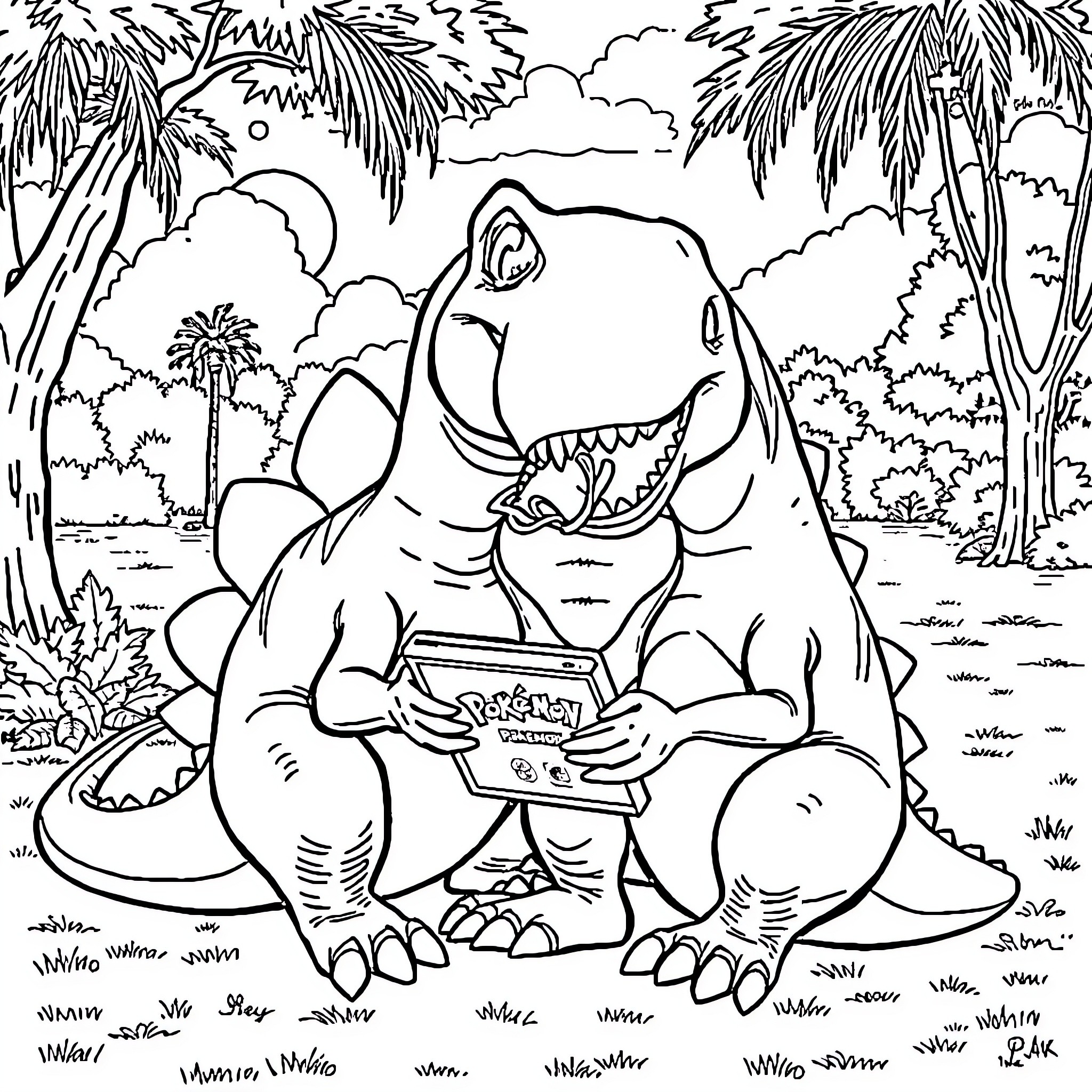 T-Rex reading a book in a tropical jungle Coloring Page (free black-and-white line drawing printable PDF for all, from beginners to advanced learners, including children, teens, adults, and seniors)