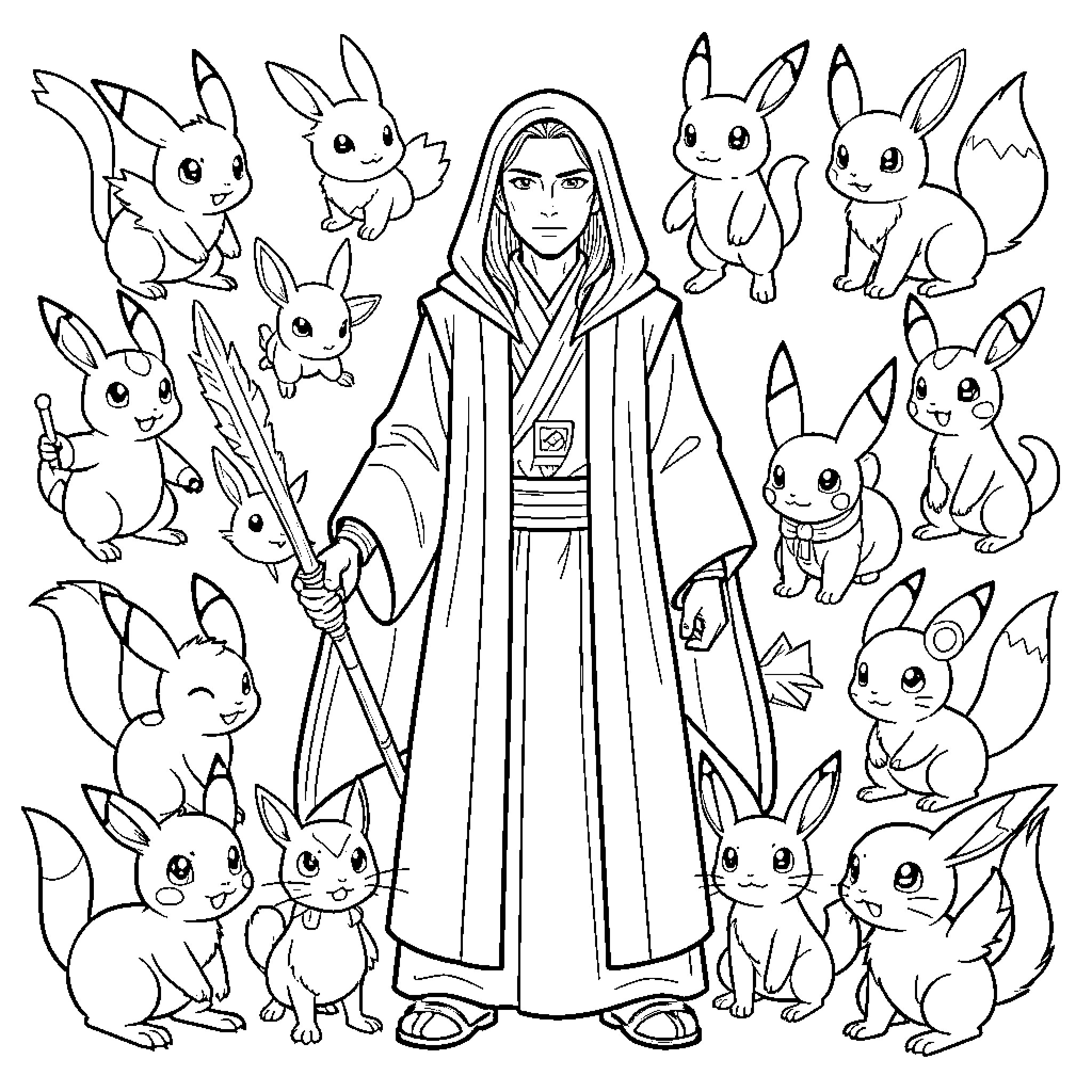 Jedi standing calmly surrounded by many small creatures Coloring Page (free black-and-white line drawing printable PDF for all, from beginners to advanced learners, including children, teens, adults, and seniors)