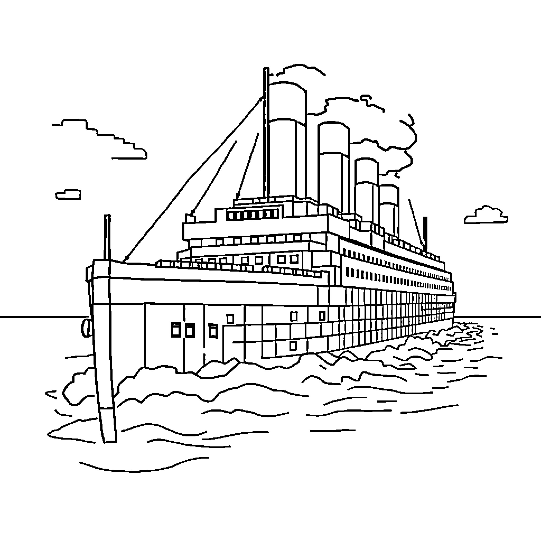 Titanic ship sinking at sea Coloring Page (free black-and-white line drawing printable PDF for all, from beginners to advanced learners, including children, teens, adults, and seniors)