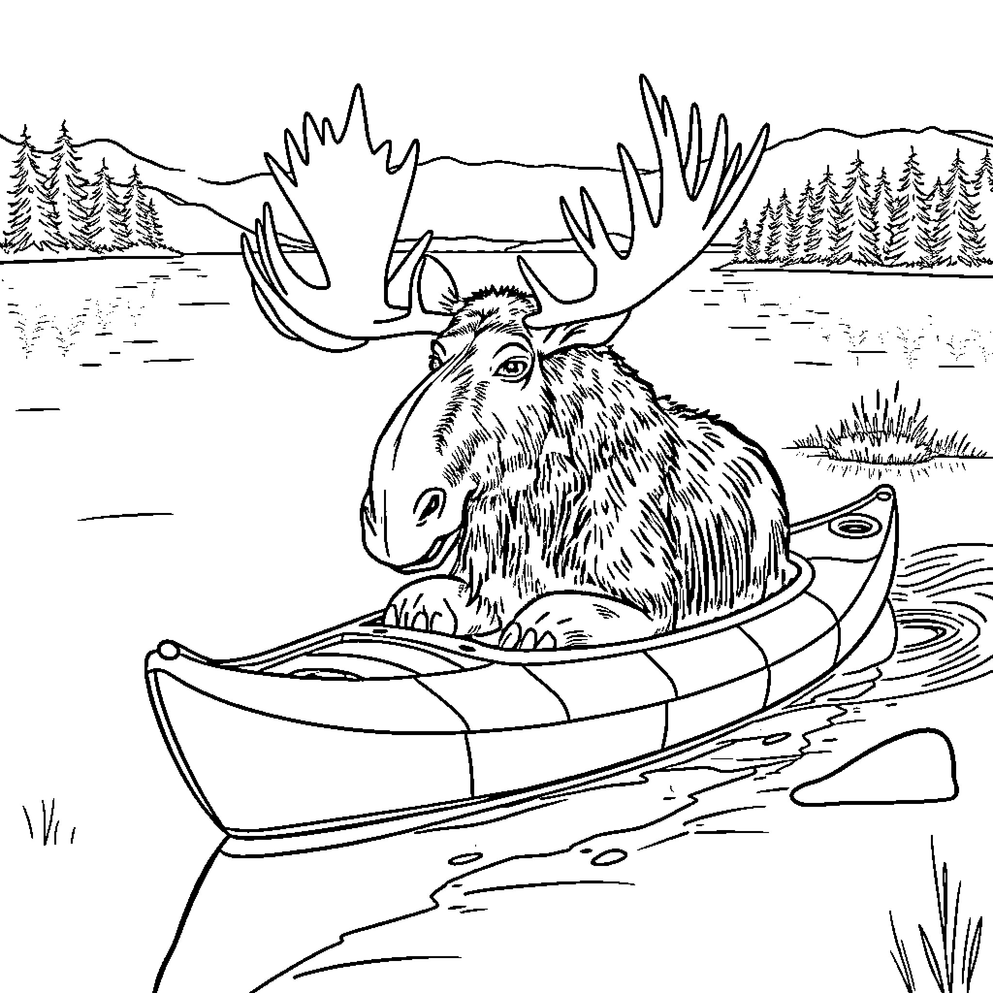 Moose paddling in a canoe through a scenic lake Coloring Page (free black-and-white line drawing printable PDF for all, from beginners to advanced learners, including children, teens, adults, and seniors)