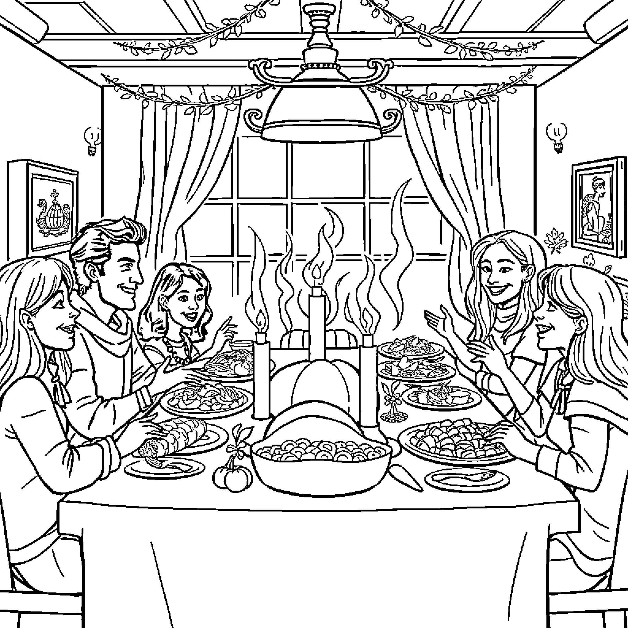 Thanksgiving Family Gathering and Dining Coloring Page (free black-and-white line drawing printable PDF for all, from beginners to advanced learners, including children, teens, adults, and seniors)