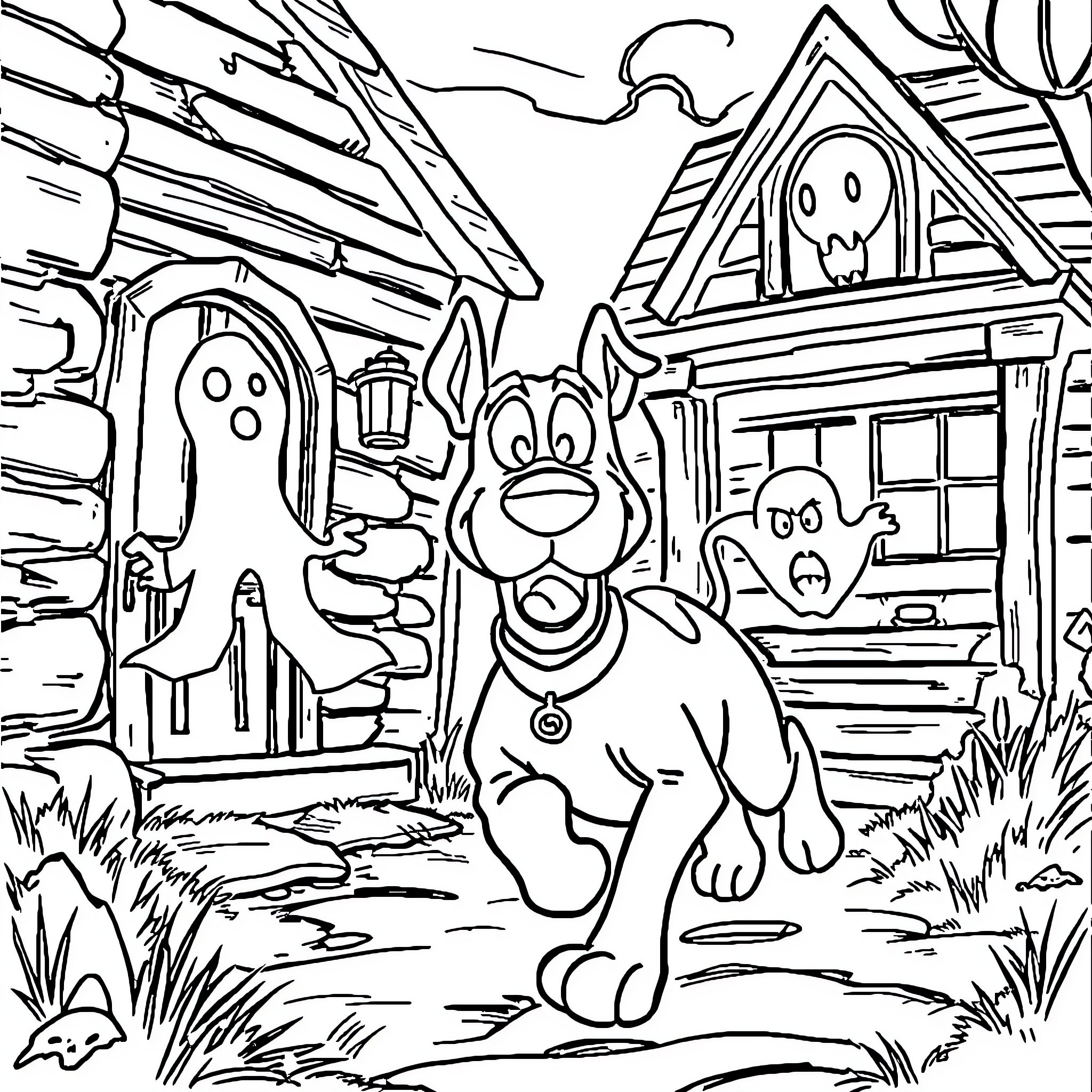 Scooby Doo and friends exploring a haunted house Coloring Page (free black-and-white line drawing printable PDF for all, from beginners to advanced learners, including children, teens, adults, and seniors)