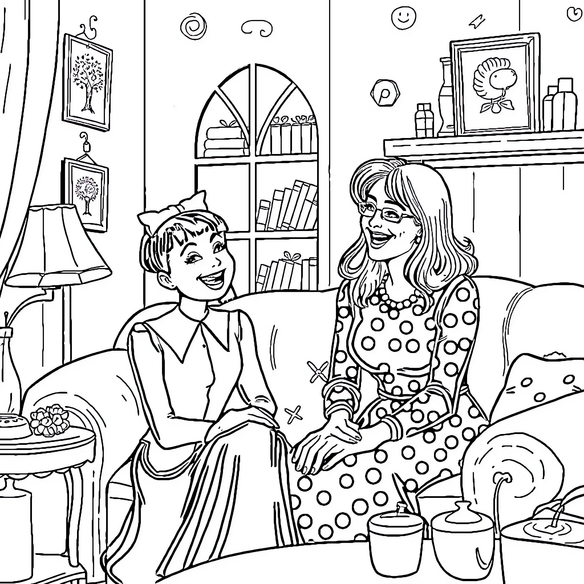 Wednesday Afternoon in the Cozy Living Room Coloring Page (free black-and-white line drawing printable PDF for all, from beginners to advanced learners, including children, teens, adults, and seniors)