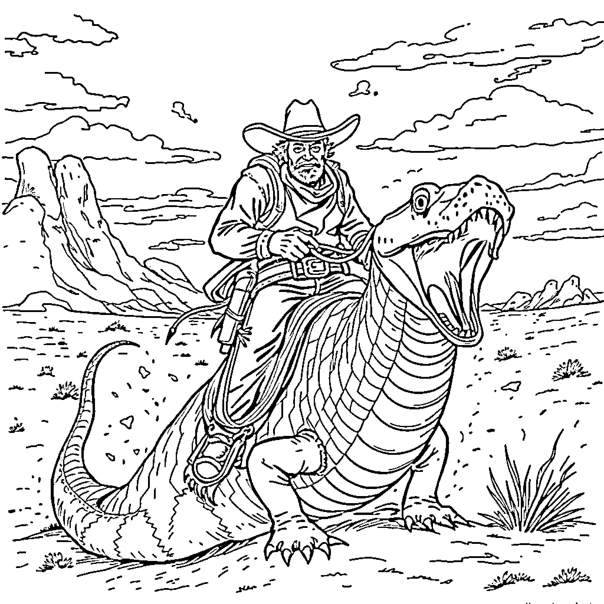Cowboy riding an intimidating dragon through the desert Coloring Page (free black-and-white line drawing printable PDF for all, from beginners to advanced learners, including children, teens, adults, and seniors)