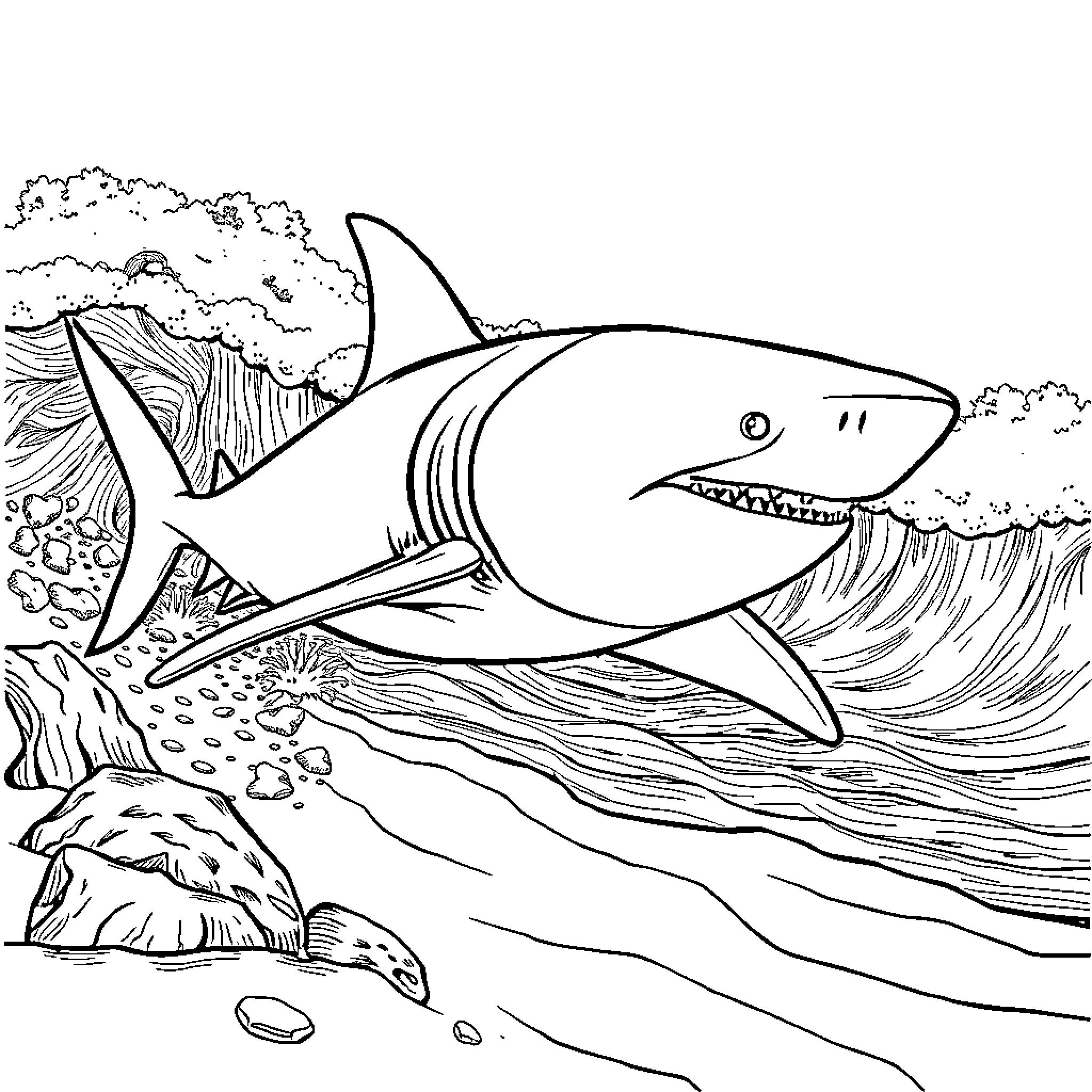 Shark swimming in the ocean with waves Coloring Page (free black-and-white line drawing printable PDF for all, from beginners to advanced learners, including children, teens, adults, and seniors)