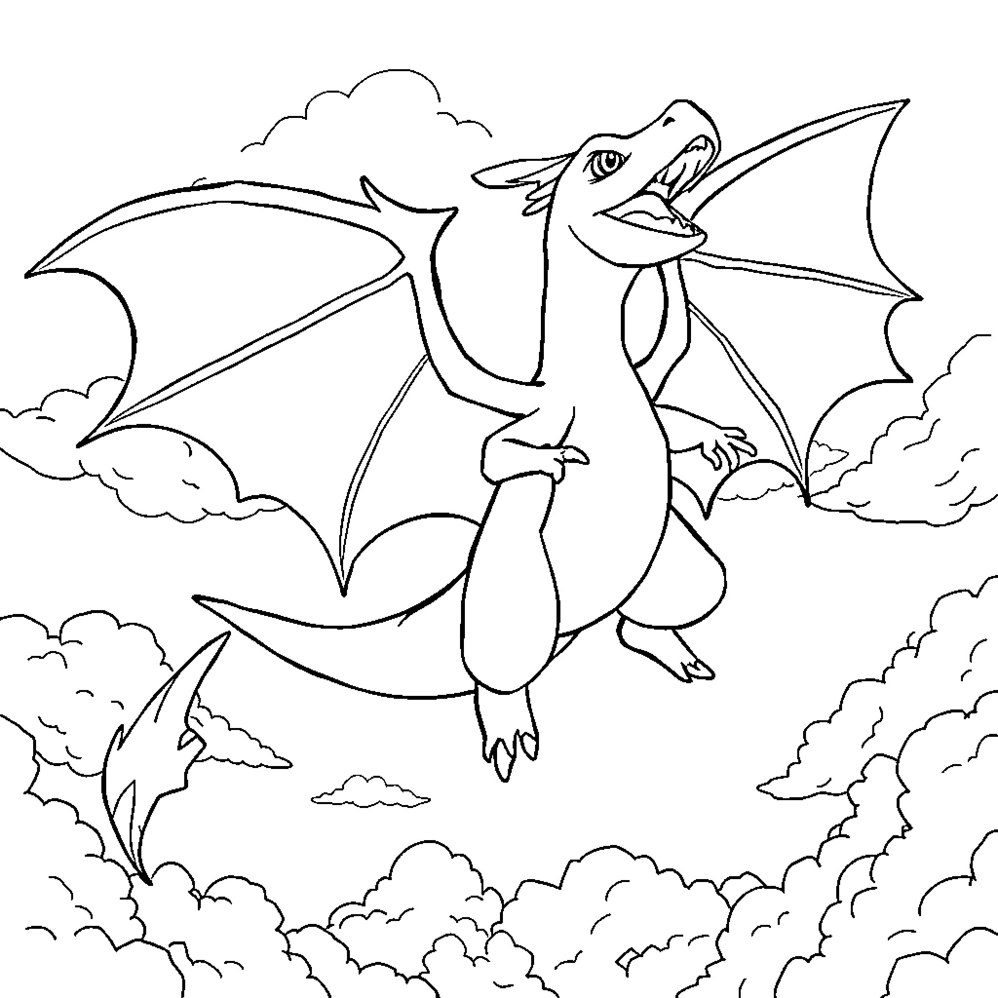 Charizard soaring through the cloudy skies Coloring Page (free black-and-white line drawing printable PDF for all, from beginners to advanced learners, including children, teens, adults, and seniors)