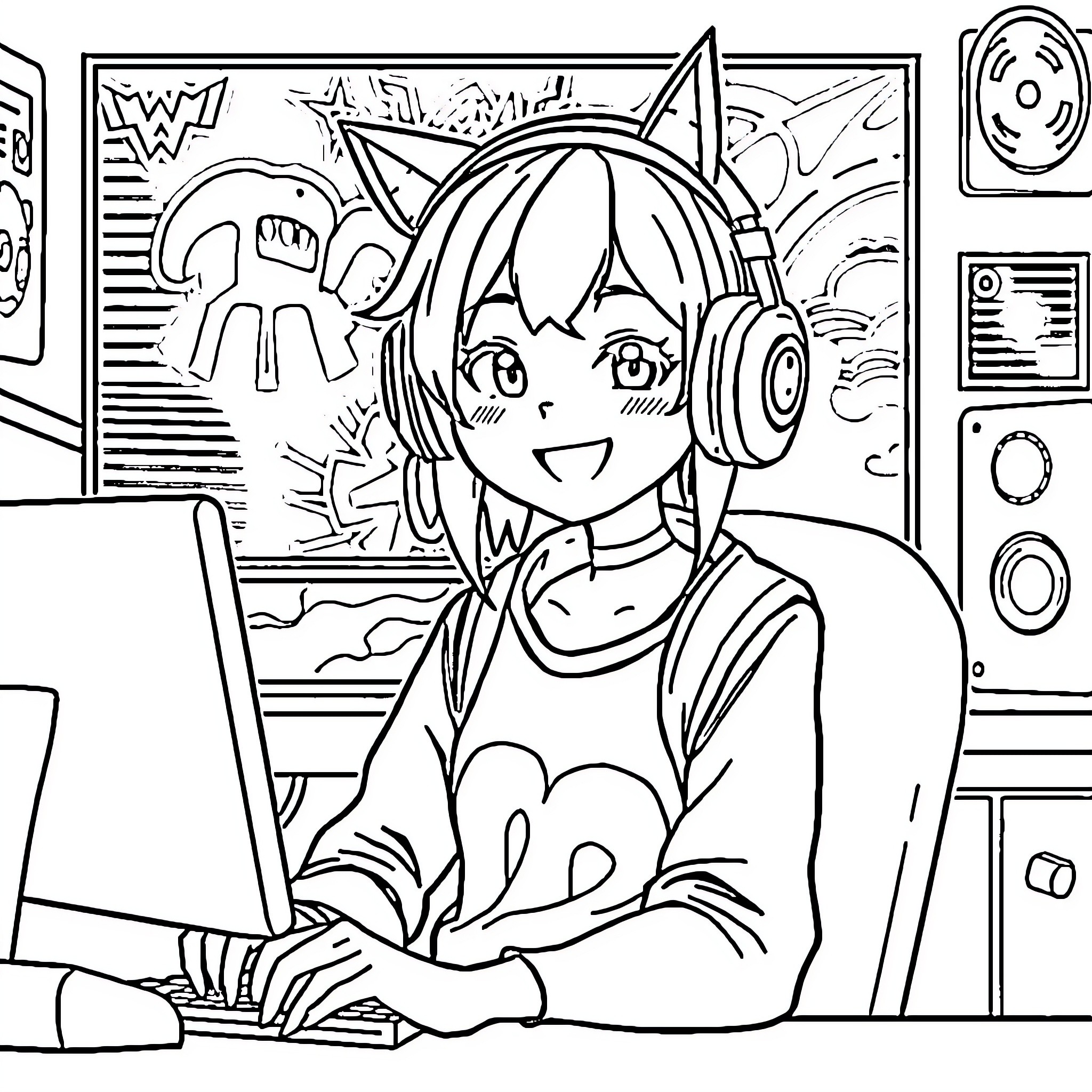 Kuromi playing video games with headphones on Coloring Page (free black-and-white line drawing printable PDF for all, from beginners to advanced learners, including children, teens, adults, and seniors)