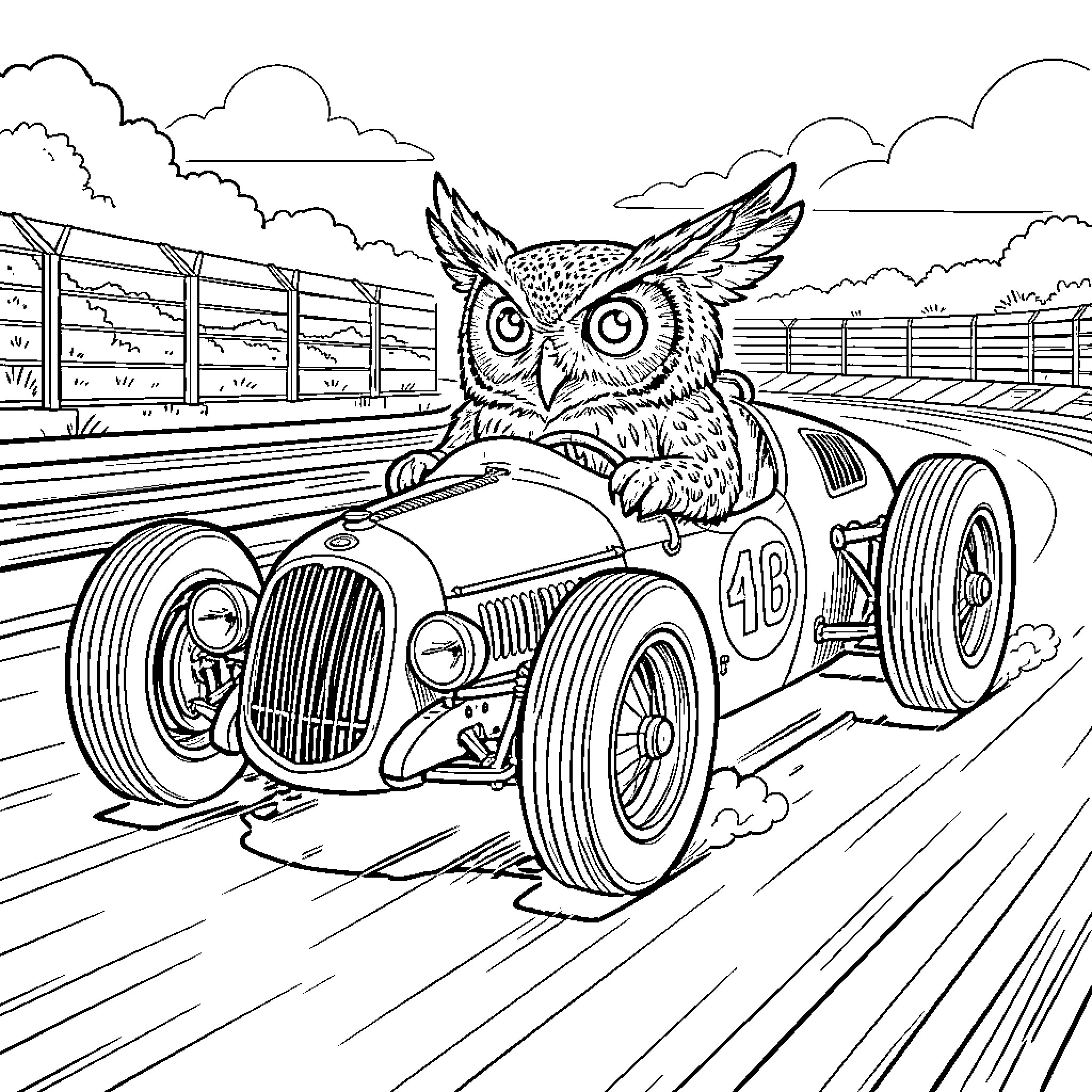 Chouette driving a vintage racing car on a track Coloring Page (free black-and-white line drawing printable PDF for all, from beginners to advanced learners, including children, teens, adults, and seniors)