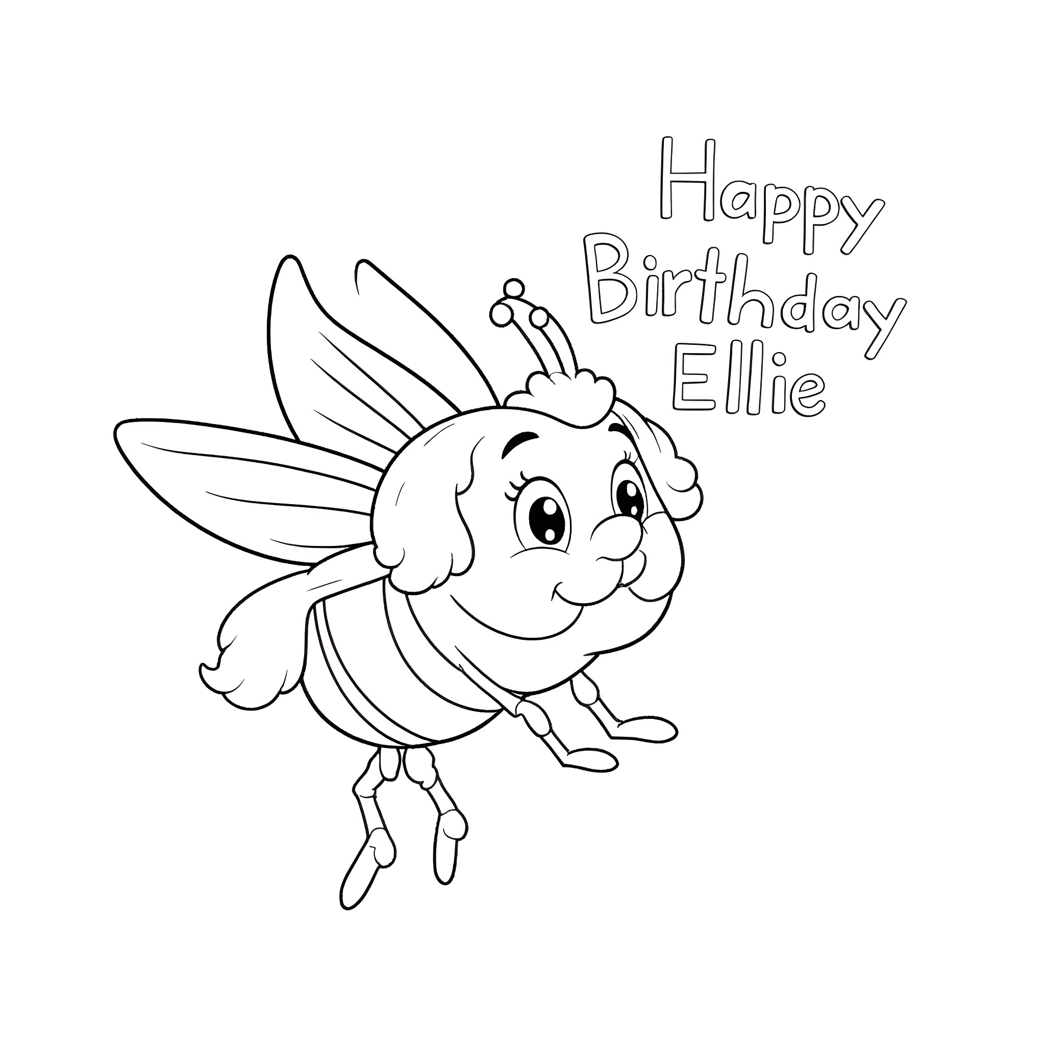 Bumble Num celebrates Ellie's Happy Birthday Coloring Page (free black-and-white line drawing printable PDF for all, from beginners to advanced learners, including children, teens, adults, and seniors)