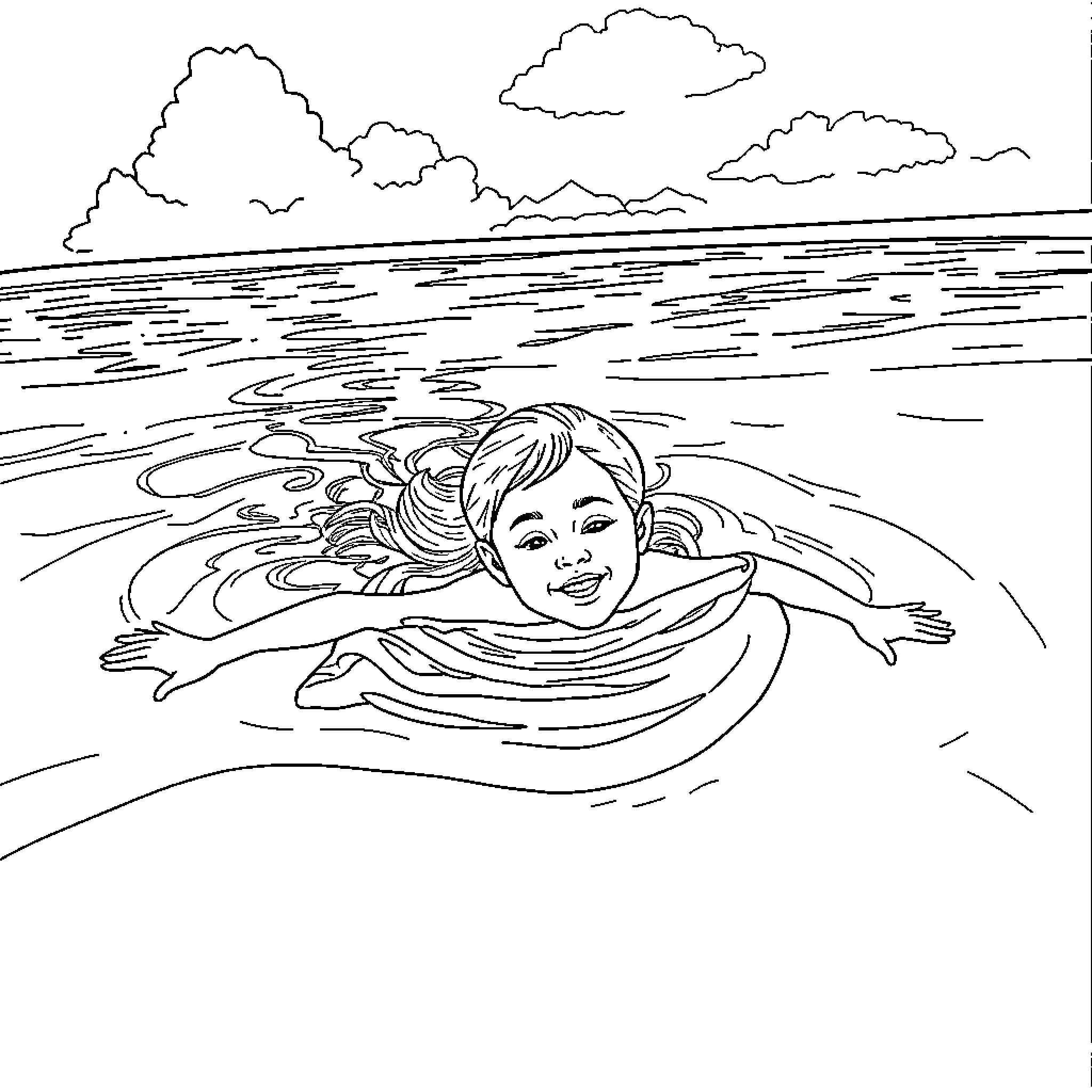Girl swimming happily in the ocean Coloring Page (free black-and-white line drawing printable PDF for all, from beginners to advanced learners, including children, teens, adults, and seniors)