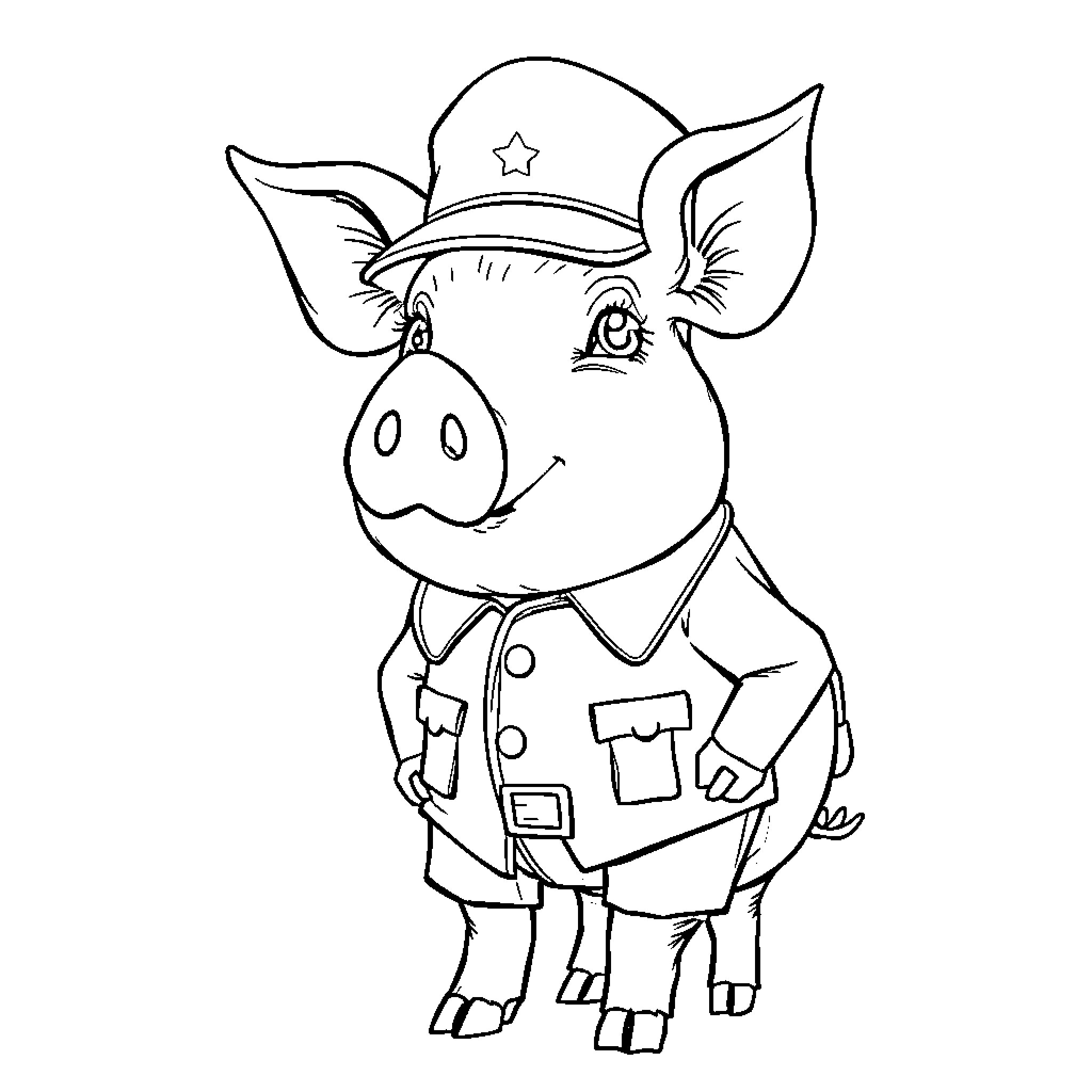 Pig in Uniform Posing Happily Coloring Page (free black-and-white line drawing printable PDF for all, from beginners to advanced learners, including children, teens, adults, and seniors)