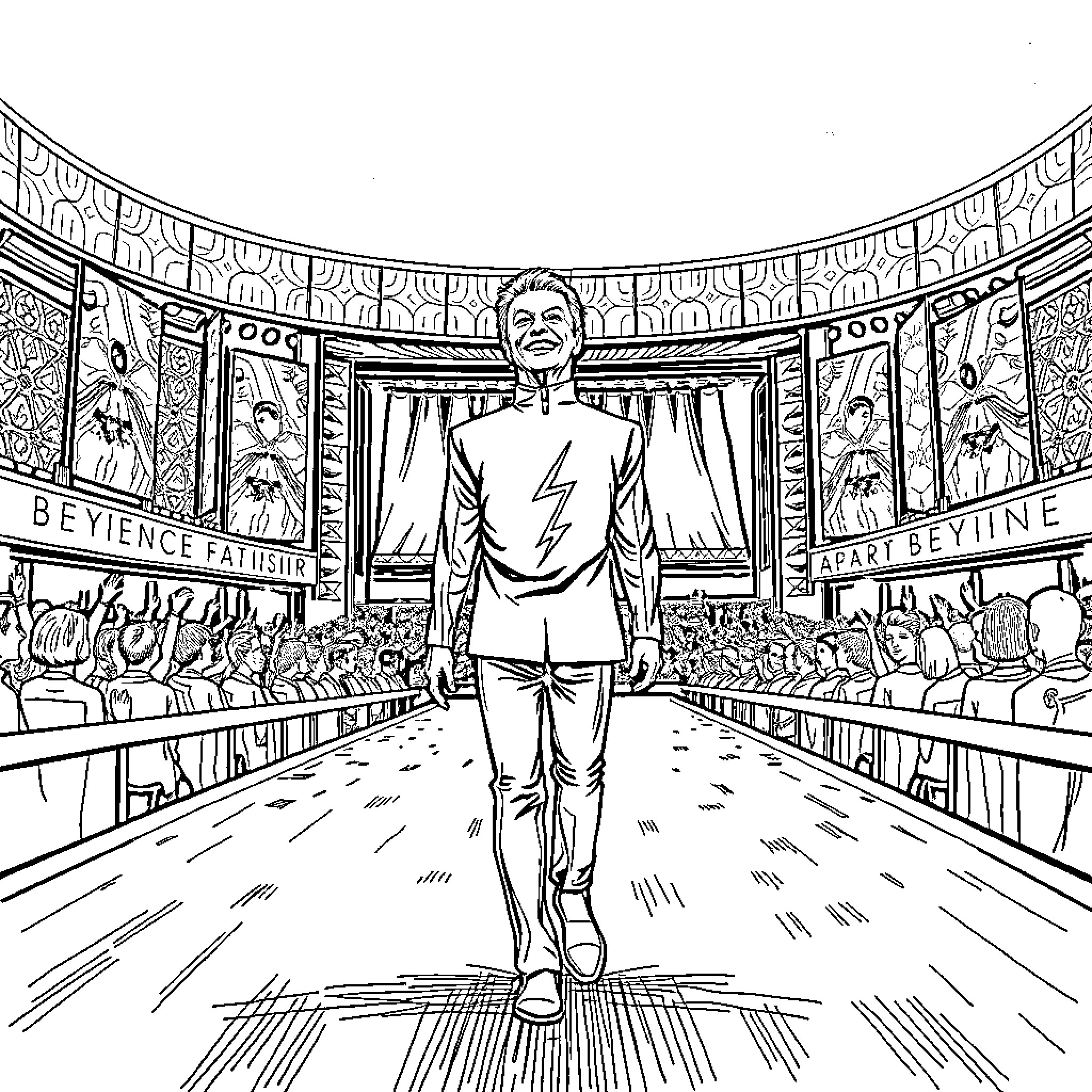 David Bowie's Theatrical Performance on Stage Coloring Page (free black-and-white line drawing printable PDF for all, from beginners to advanced learners, including children, teens, adults, and seniors)