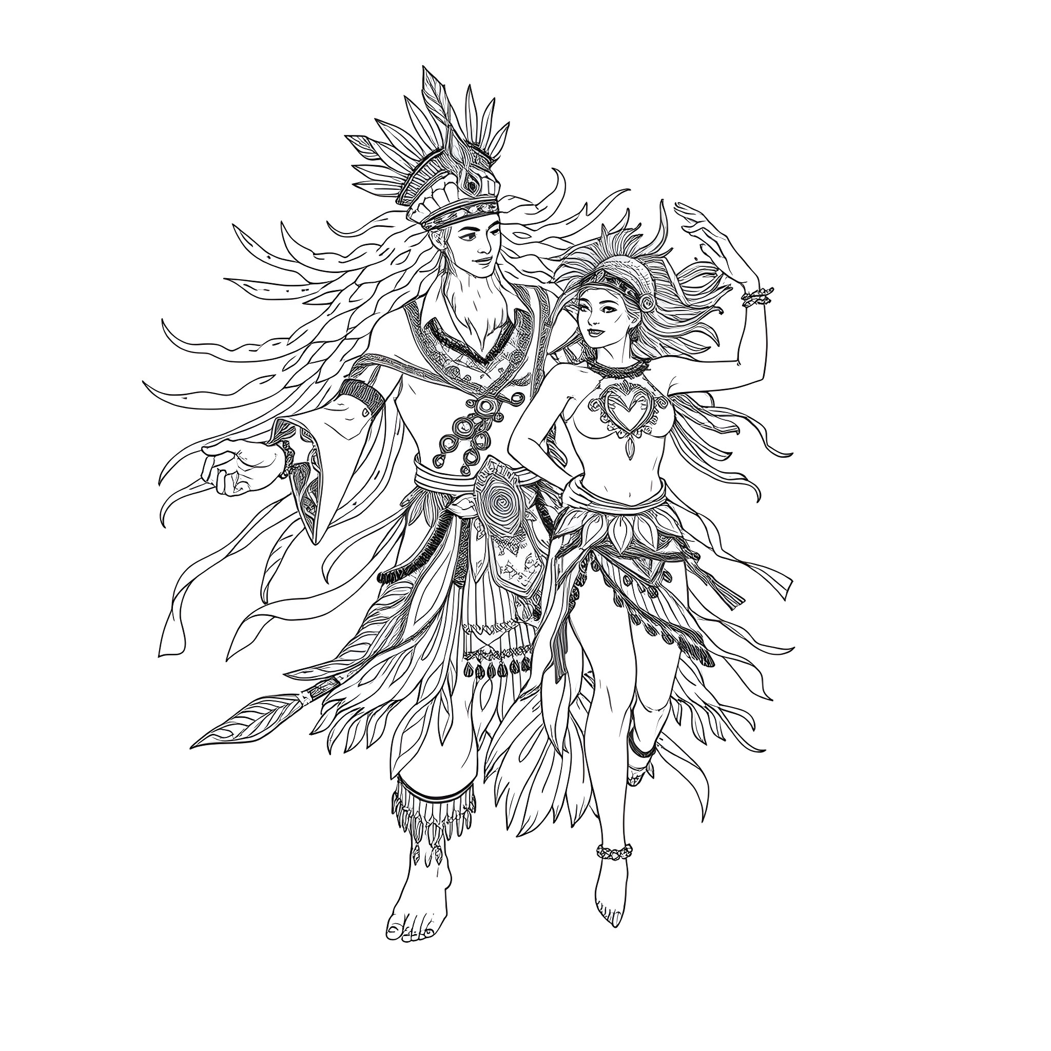 Spirit of ancient tribal dance in the wilderness Coloring Page (free black-and-white line drawing printable PDF for all, from beginners to advanced learners, including children, teens, adults, and seniors)