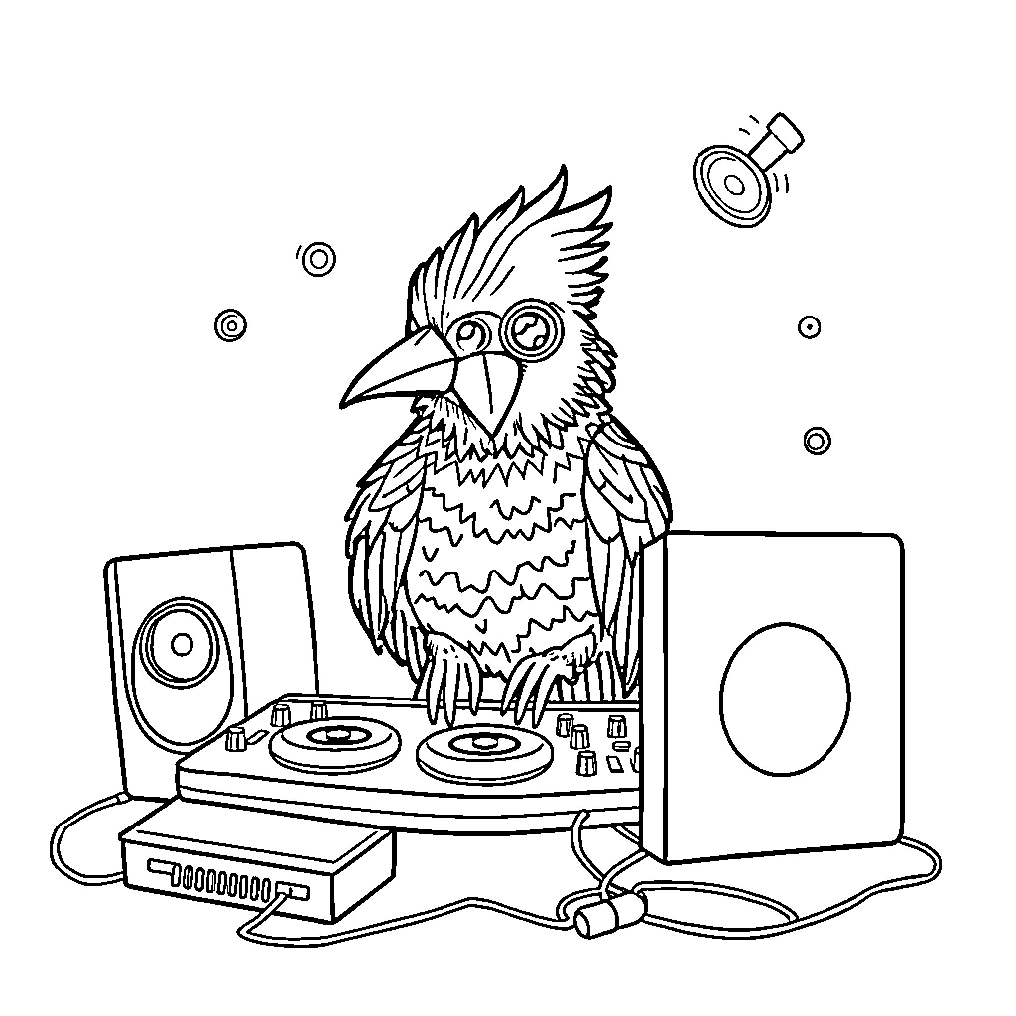 Bird DJ mixing music on turntables Coloring Page (free black-and-white line drawing printable PDF for all, from beginners to advanced learners, including children, teens, adults, and seniors)