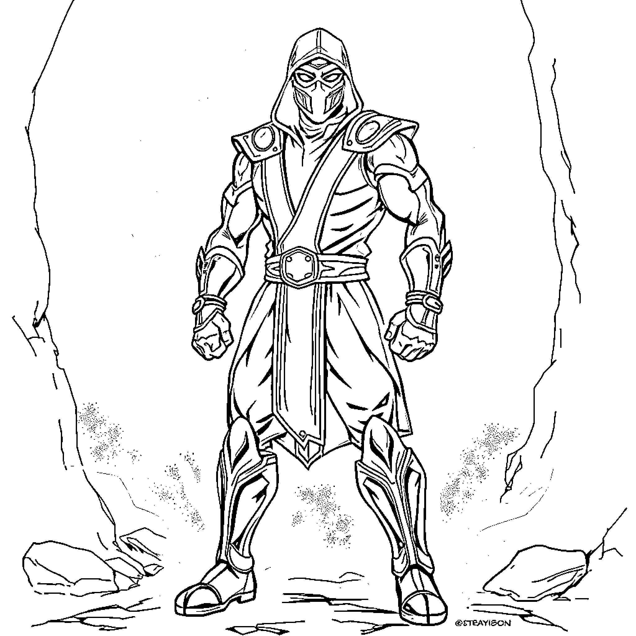 Ermac - Powerful Warrior in Armored Attire Coloring Page (free black-and-white line drawing printable PDF for all, from beginners to advanced learners, including children, teens, adults, and seniors)