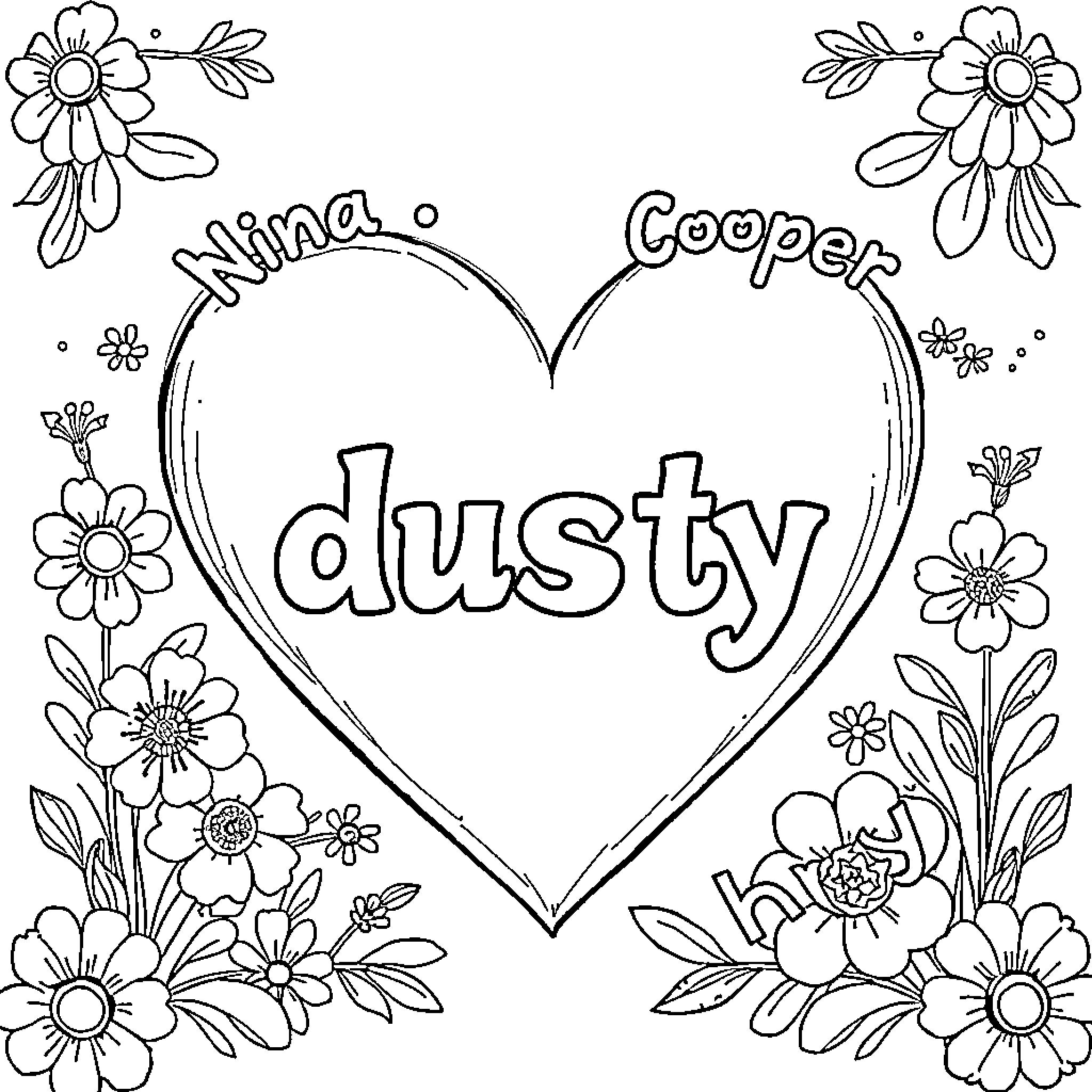 Heart-shaped Floral Frame with Names Coloring Page (free black-and-white line drawing printable PDF for all, from beginners to advanced learners, including children, teens, adults, and seniors)