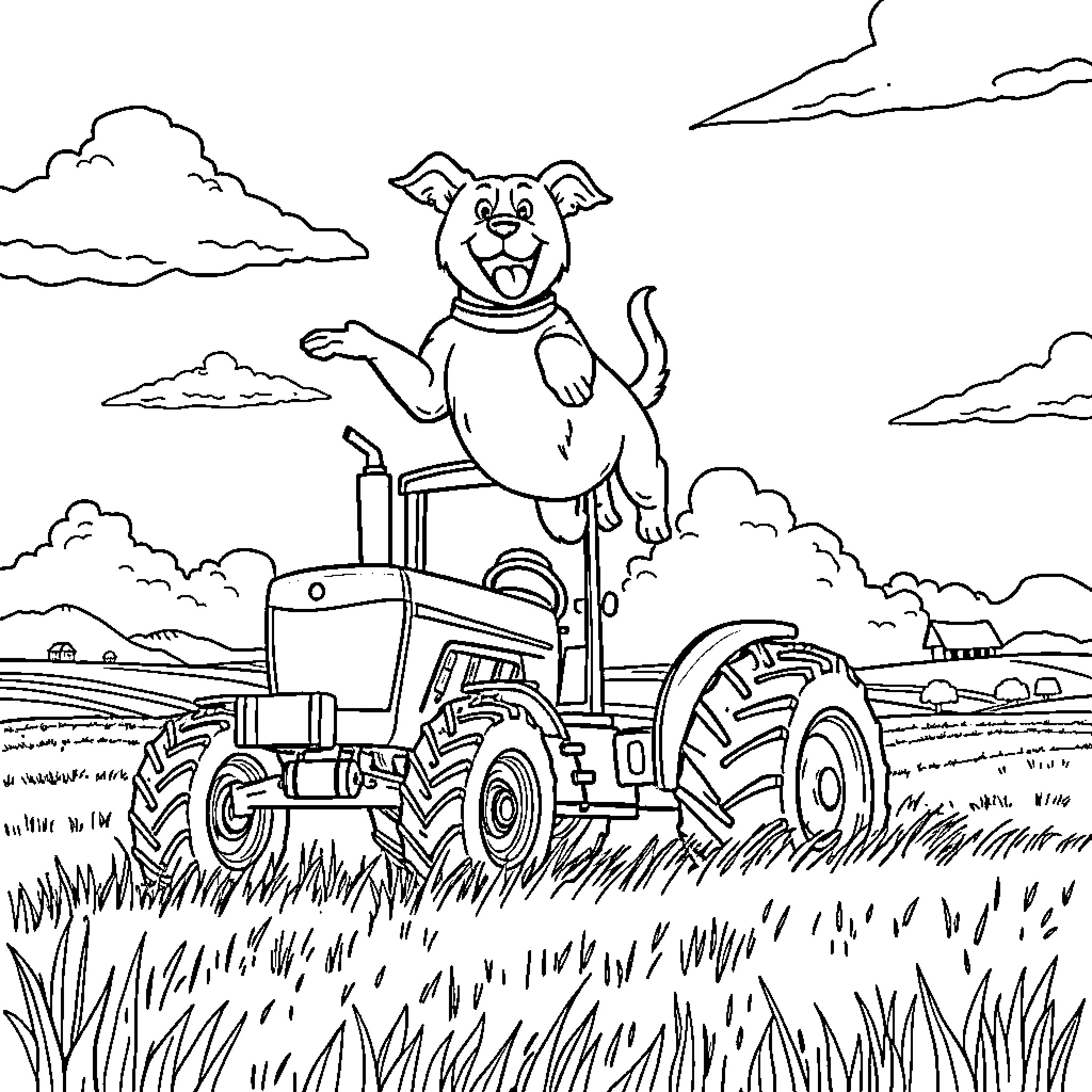 Dog Happily Riding a Tractor on the Farm Coloring Page (free black-and-white line drawing printable PDF for all, from beginners to advanced learners, including children, teens, adults, and seniors)