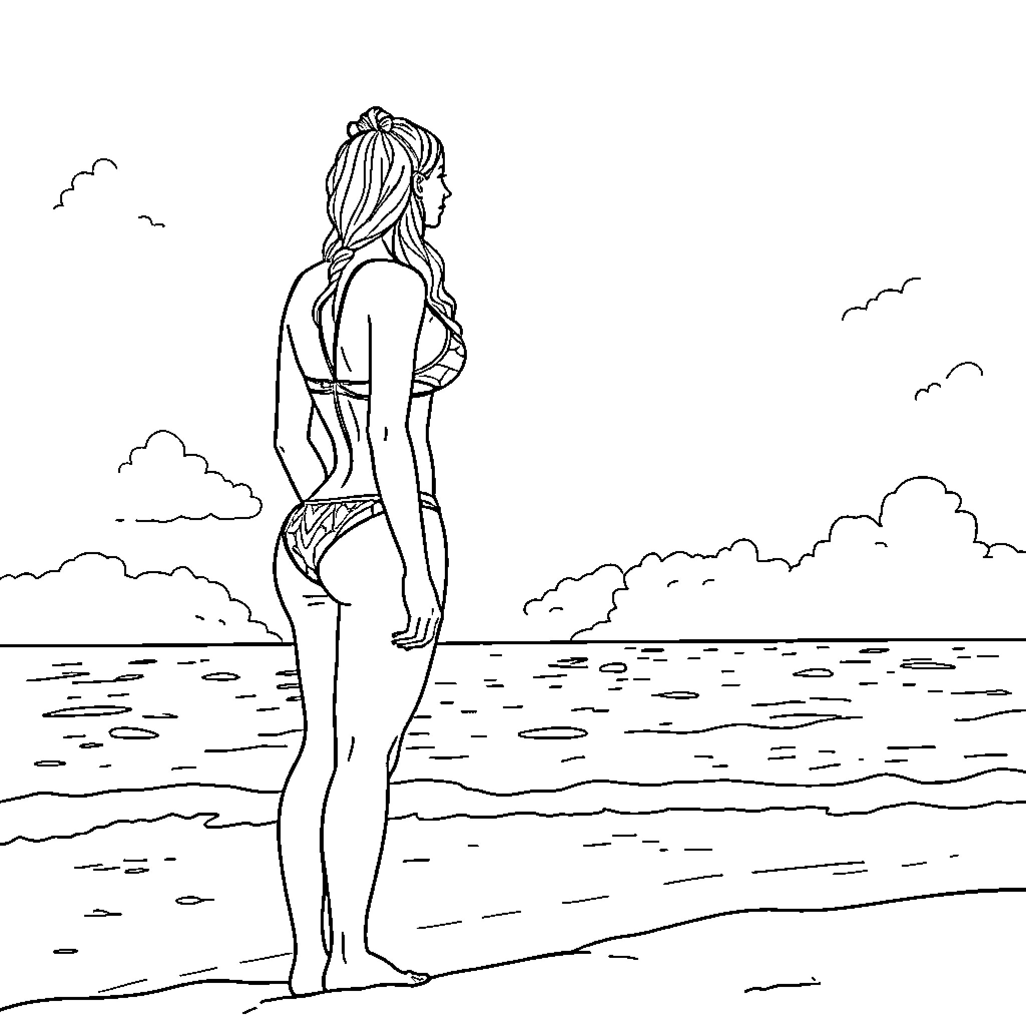 Woman standing gracefully on the beach Coloring Page (free black-and-white line drawing printable PDF for all, from beginners to advanced learners, including children, teens, adults, and seniors)