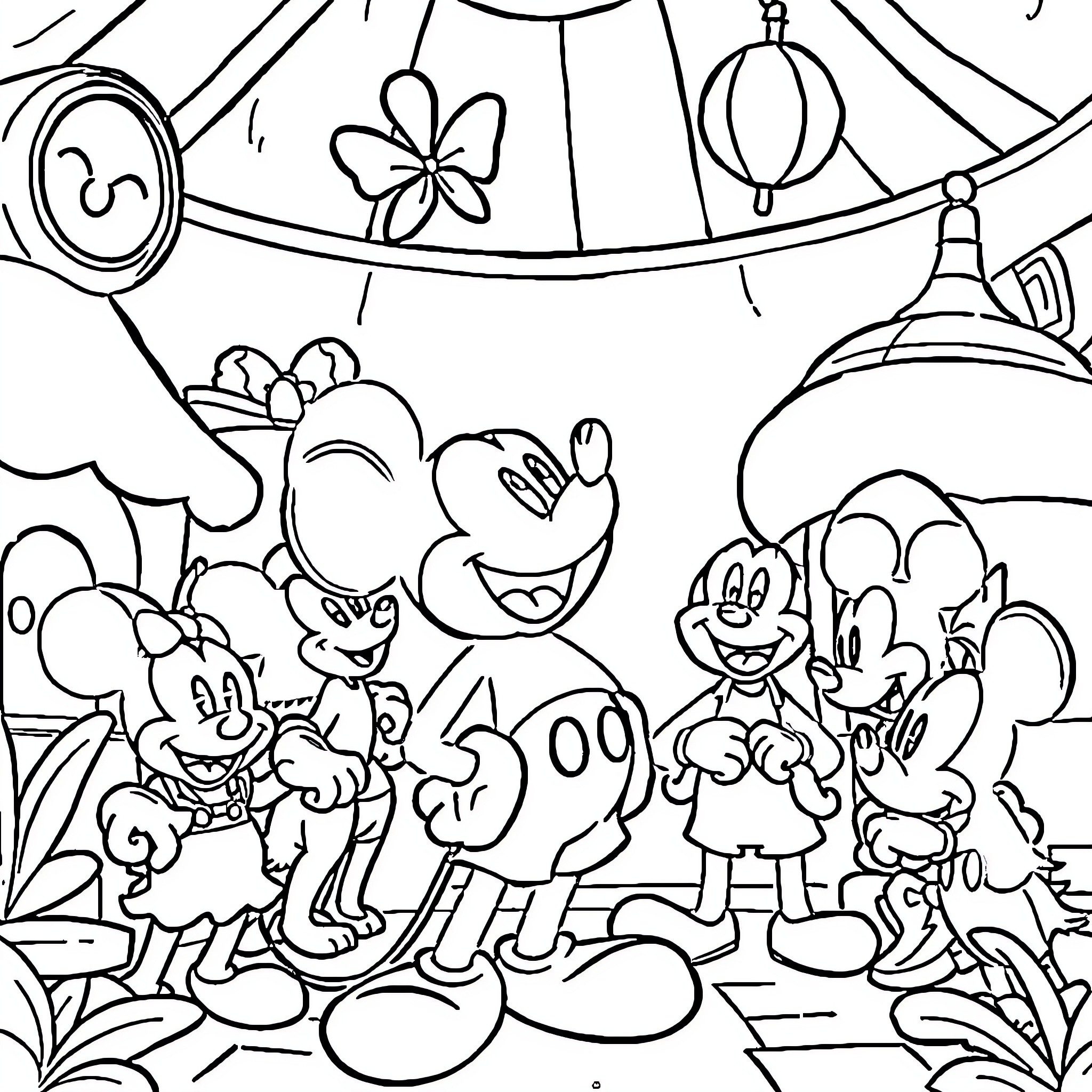 Mickey Mouse and Friends in a Whimsical Adventure Coloring Page (free black-and-white line drawing printable PDF for all, from beginners to advanced learners, including children, teens, adults, and seniors)