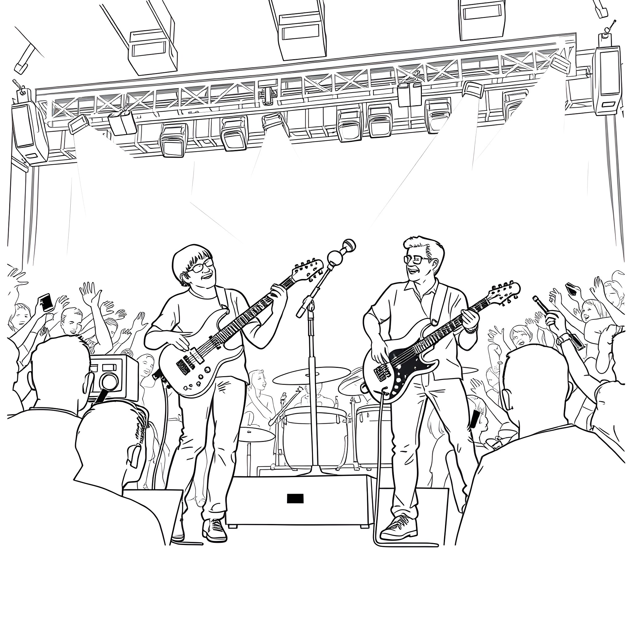 Twenty One Pilots performing on stage with crowd Coloring Page (free black-and-white line drawing printable PDF for all, from beginners to advanced learners, including children, teens, adults, and seniors)