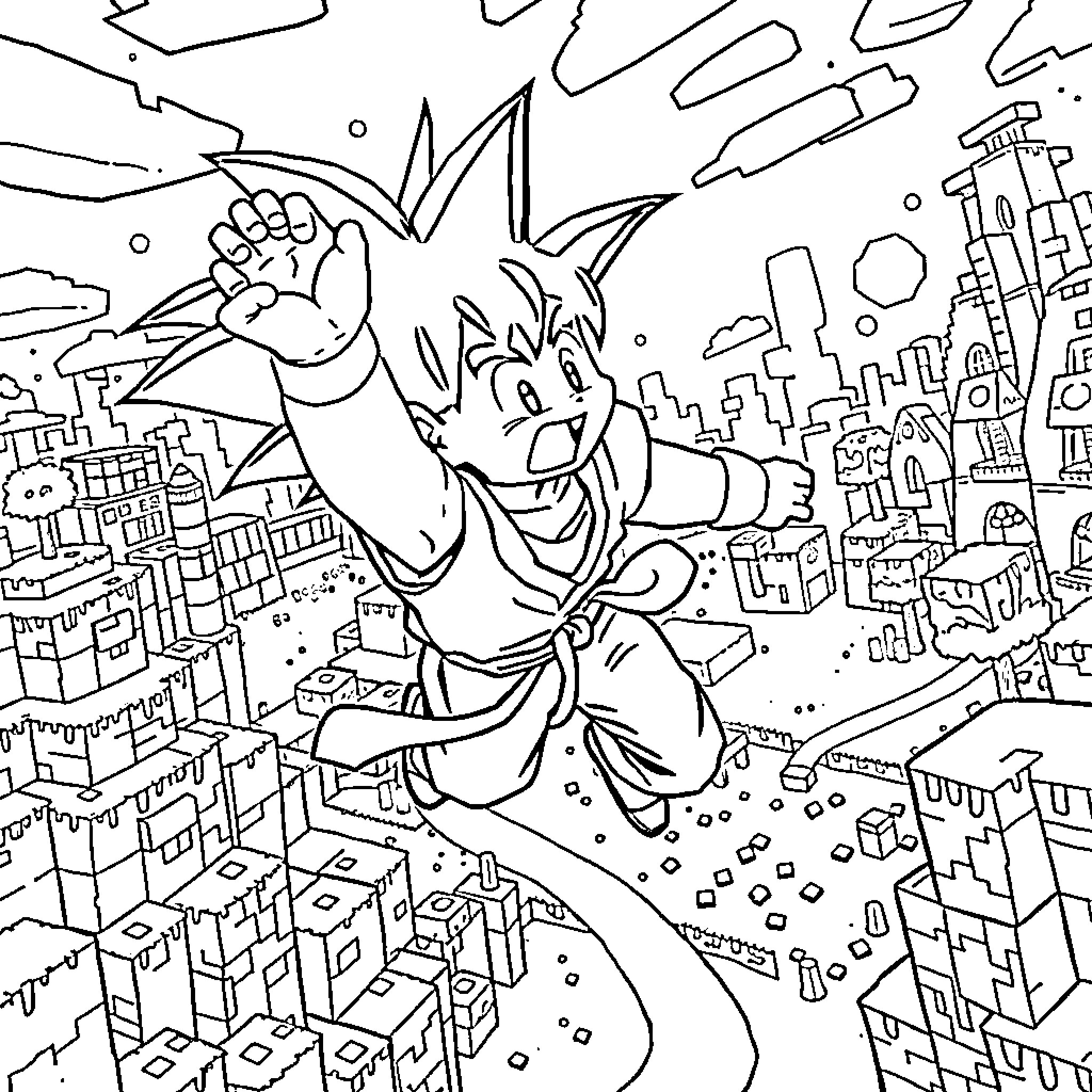 Son Goku flying heroically over the city Coloring Page (free black-and-white line drawing printable PDF for all, from beginners to advanced learners, including children, teens, adults, and seniors)