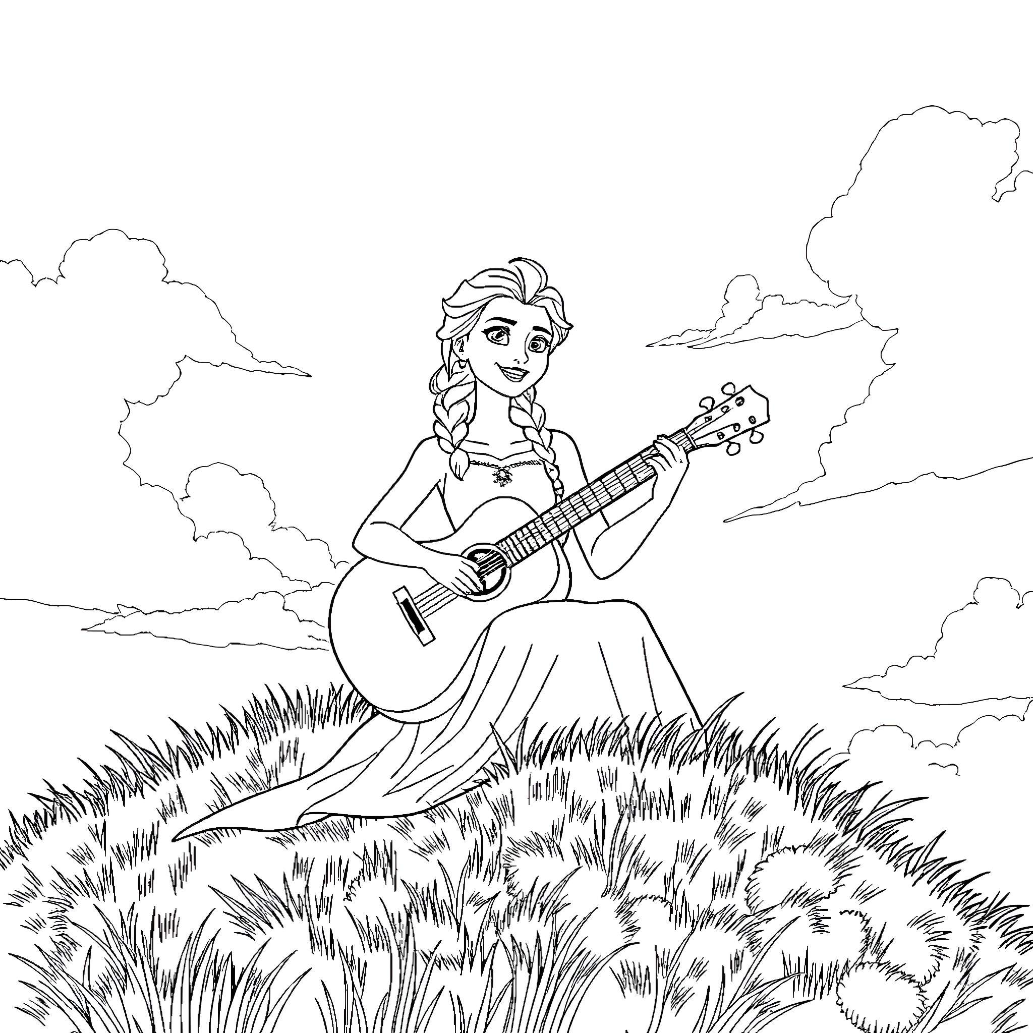 Elsa serenades the meadow with her guitar Coloring Page (free black-and-white line drawing printable PDF for all, from beginners to advanced learners, including children, teens, adults, and seniors)