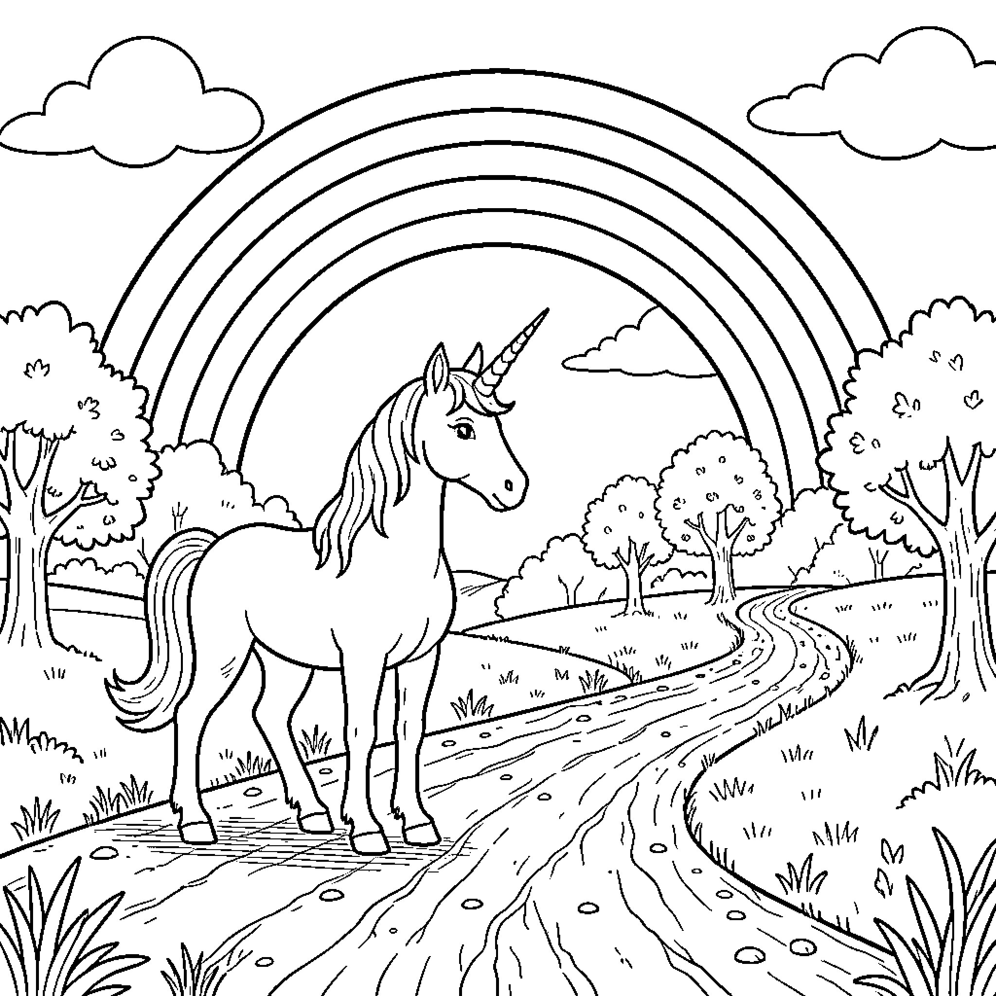 Unicorn standing peacefully on a path under a rainbow Coloring Page (free black-and-white line drawing printable PDF for all, from beginners to advanced learners, including children, teens, adults, and seniors)