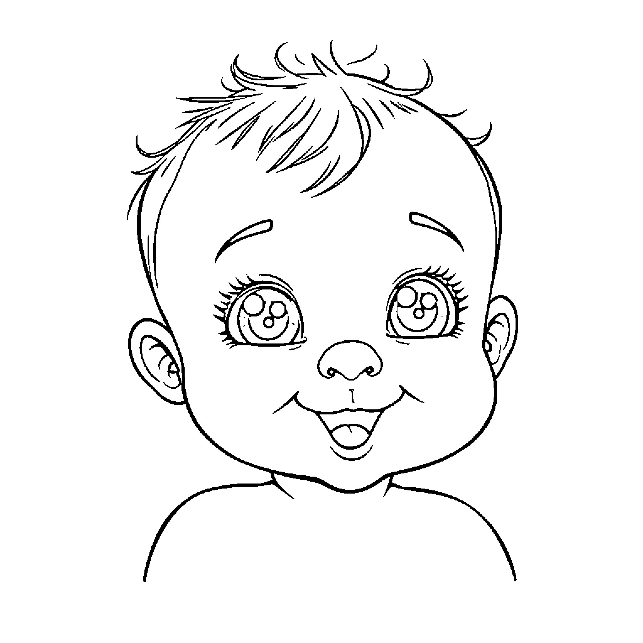 Baby's happy expression and cartoonish face Coloring Page (free black-and-white line drawing printable PDF for all, from beginners to advanced learners, including children, teens, adults, and seniors)