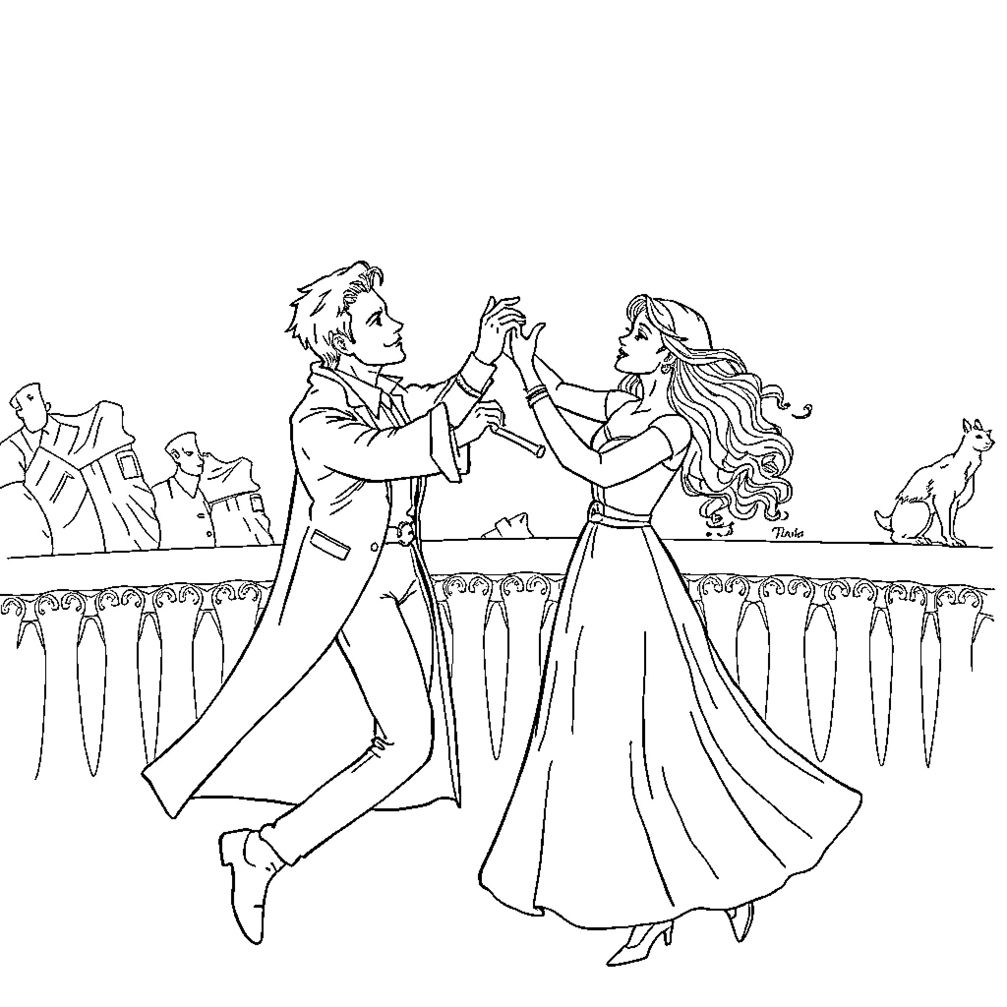 Mercredi Adams dancing with a partner at a formal event Coloring Page (free black-and-white line drawing printable PDF for all, from beginners to advanced learners, including children, teens, adults, and seniors)