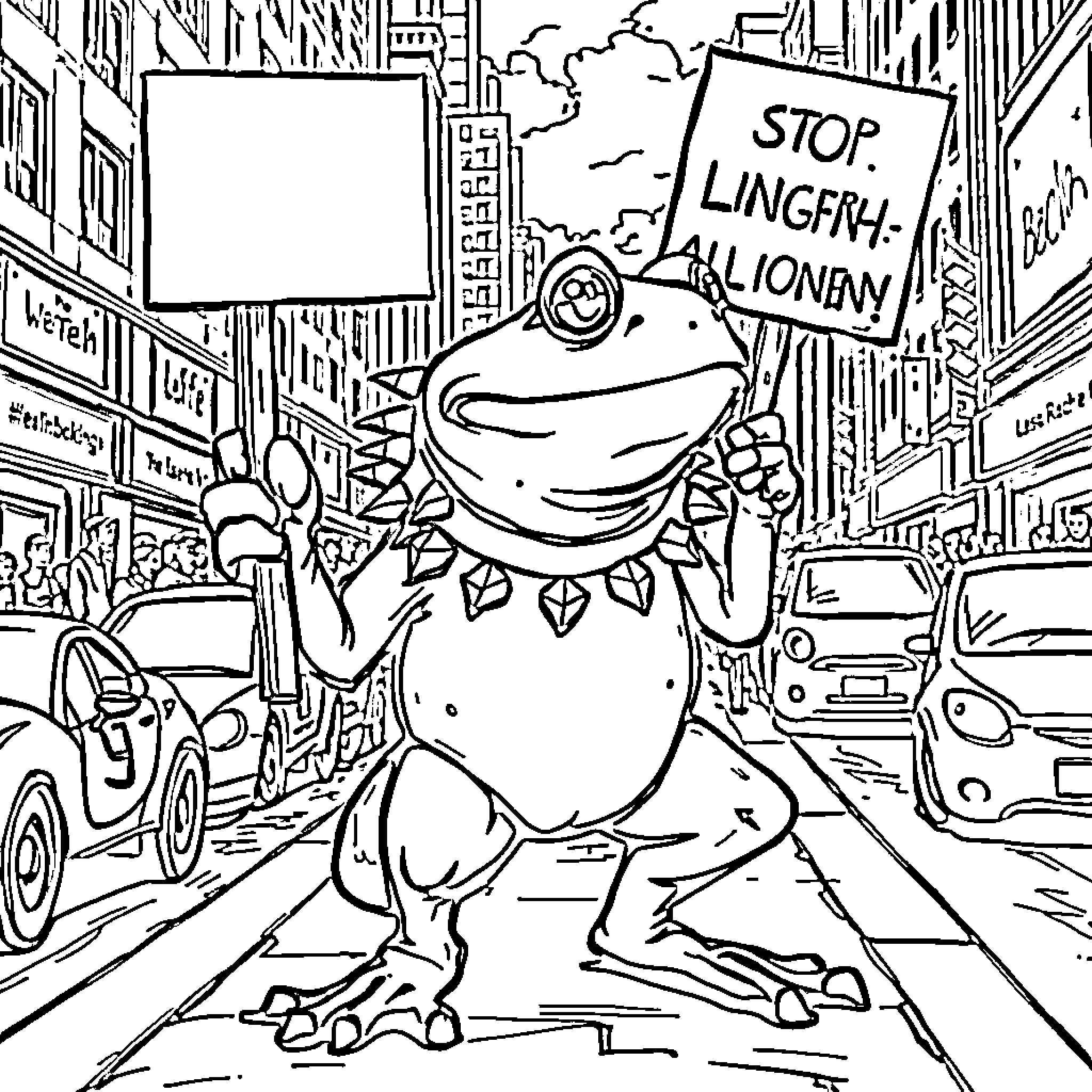 Frog protesting in the city streets Coloring Page (free black-and-white line drawing printable PDF for all, from beginners to advanced learners, including children, teens, adults, and seniors)