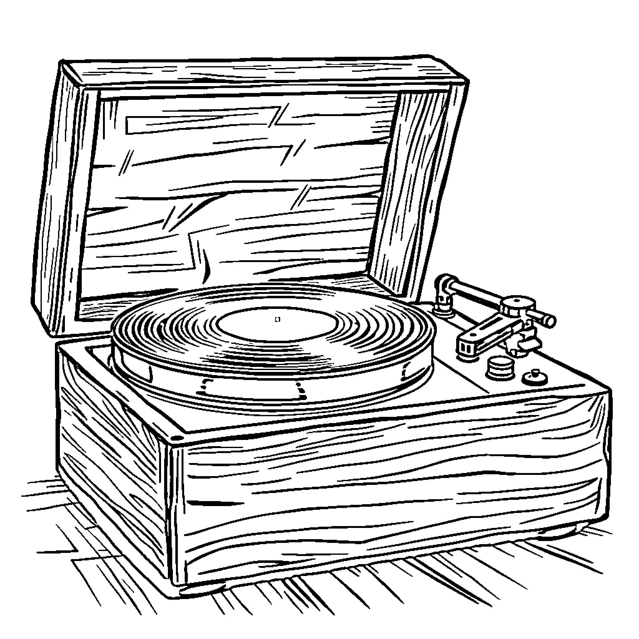 Vinyl Record Player on Wooden Furniture Coloring Page (free black-and-white line drawing printable PDF for all, from beginners to advanced learners, including children, teens, adults, and seniors)