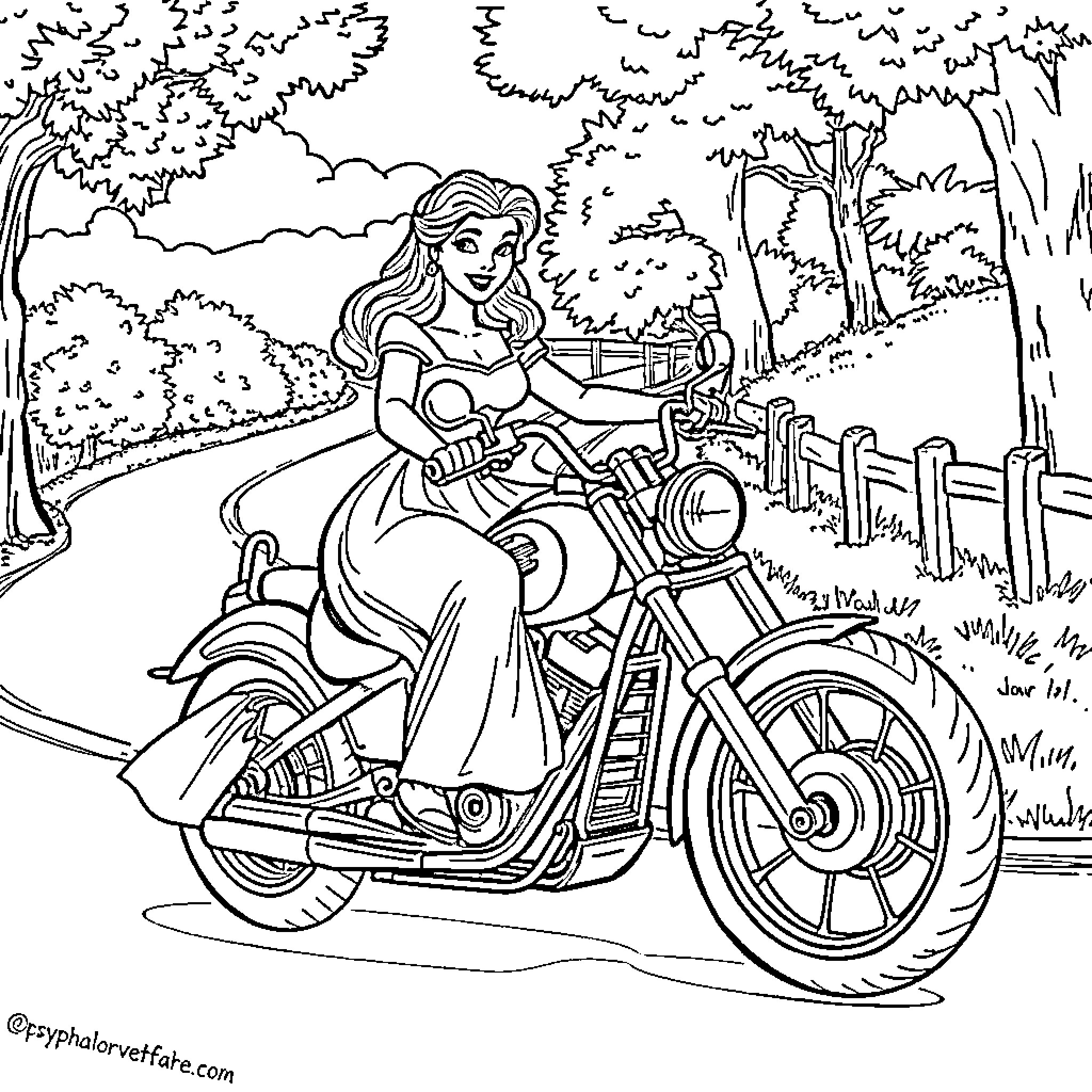 Belle's Joyful Motorcycle Ride Through the Forest Coloring Page (free black-and-white line drawing printable PDF for all, from beginners to advanced learners, including children, teens, adults, and seniors)