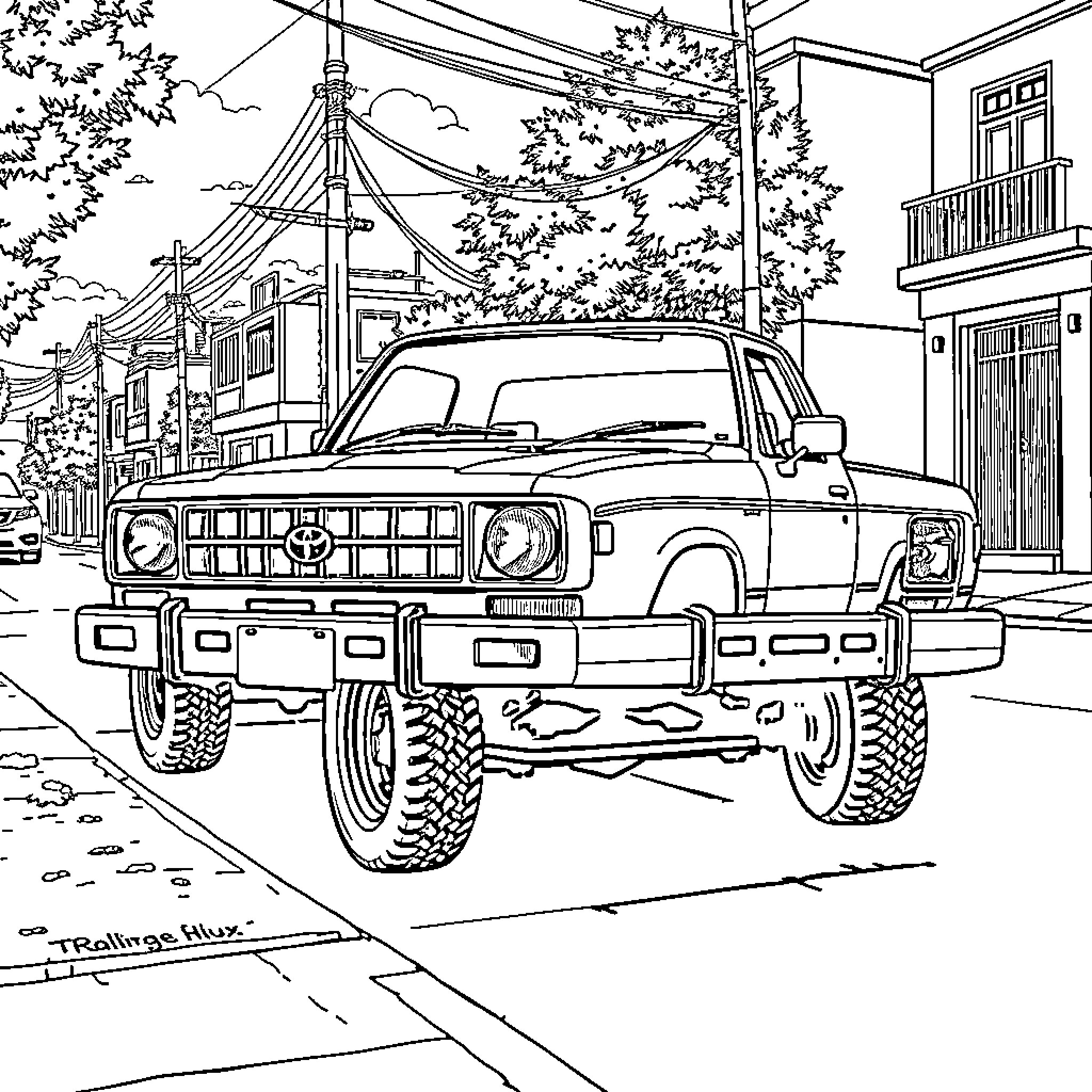 Toyota Pickup Truck on Urban Street Scene Coloring Page (free black-and-white line drawing printable PDF for all, from beginners to advanced learners, including children, teens, adults, and seniors)