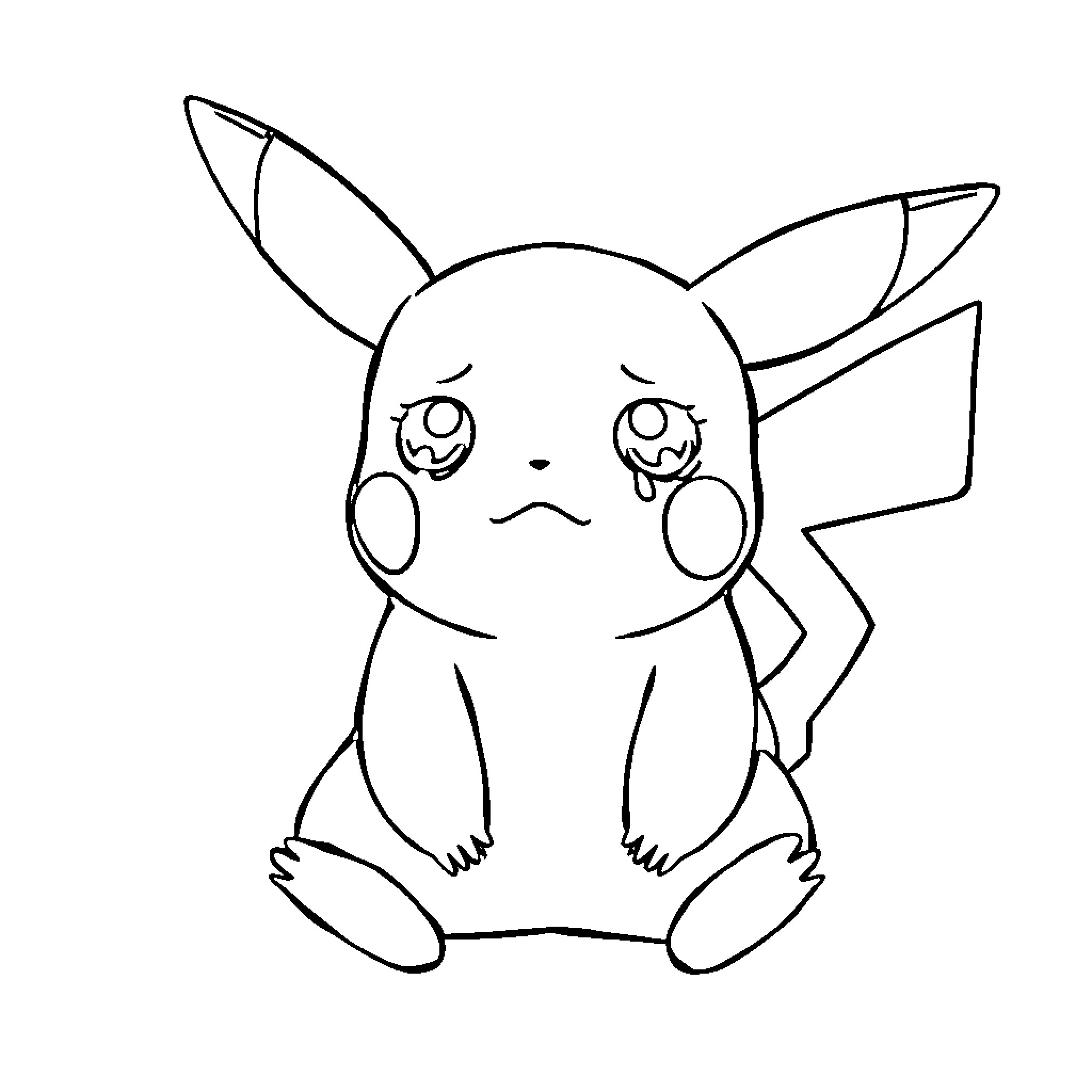 Pikachu looking sad and lonely Coloring Page (free black-and-white line drawing printable PDF for all, from beginners to advanced learners, including children, teens, adults, and seniors)