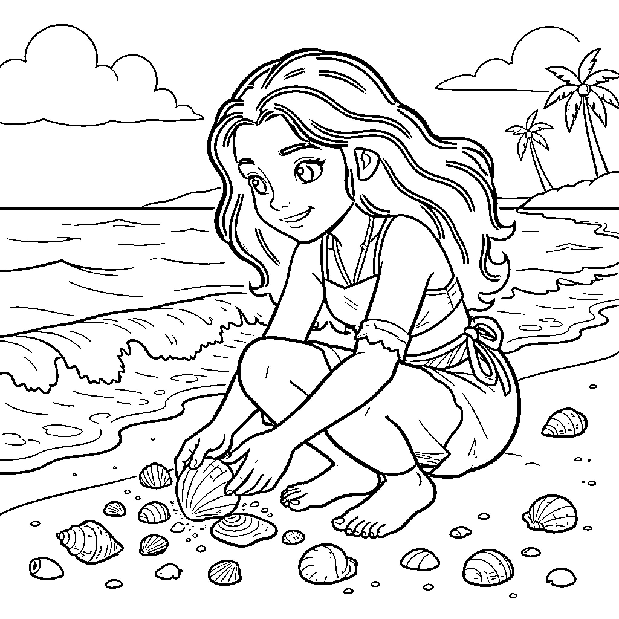 Vaiana crouching on the beach collecting seashells Coloring Page (free black-and-white line drawing printable PDF for all, from beginners to advanced learners, including children, teens, adults, and seniors)
