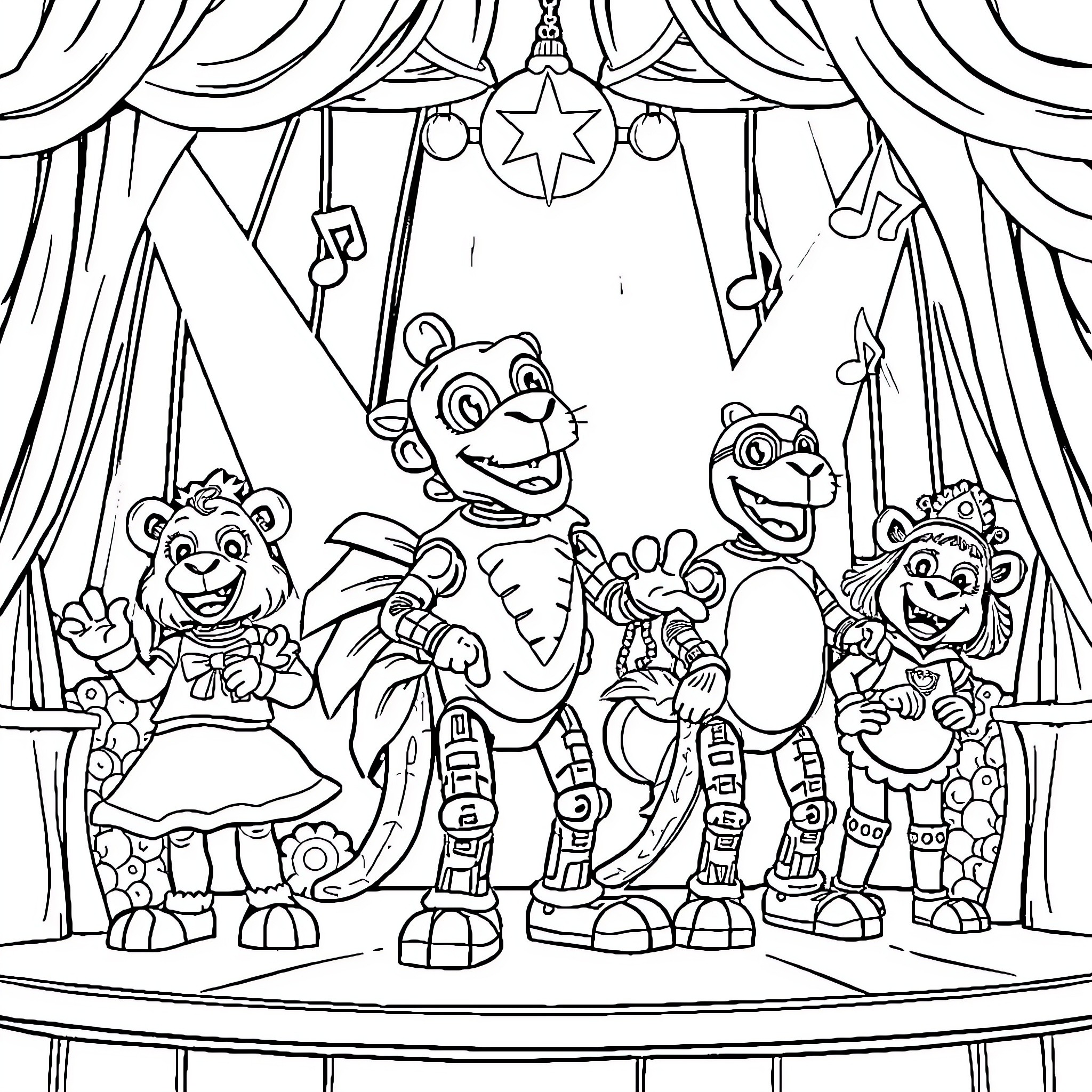 Animatronic Circus Performers on Stage Coloring Page (free black-and-white line drawing printable PDF for all, from beginners to advanced learners, including children, teens, adults, and seniors)