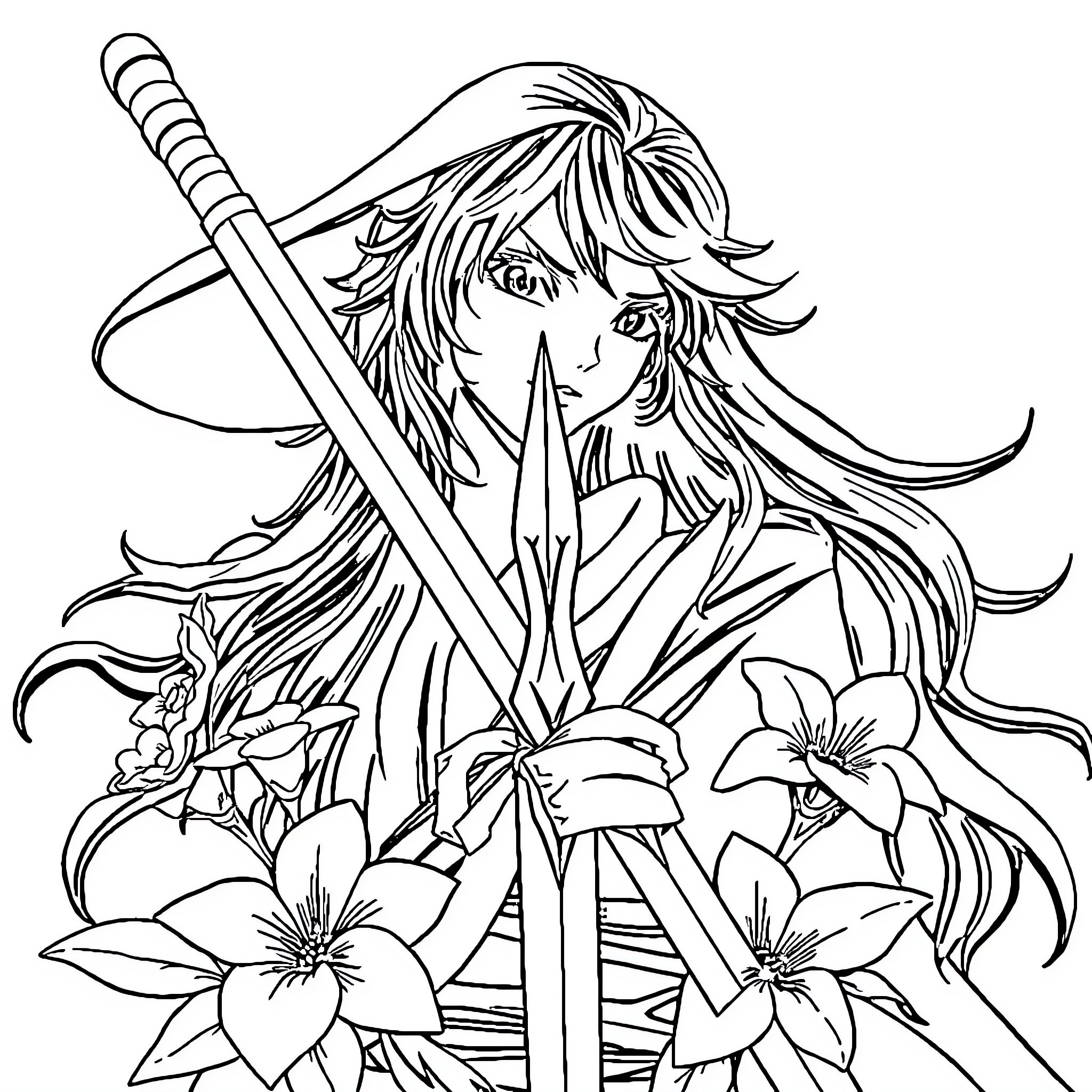 Espada: Warrior Wielding Sword Amidst Floral Backdrop Coloring Page (free black-and-white line drawing printable PDF for all, from beginners to advanced learners, including children, teens, adults, and seniors)