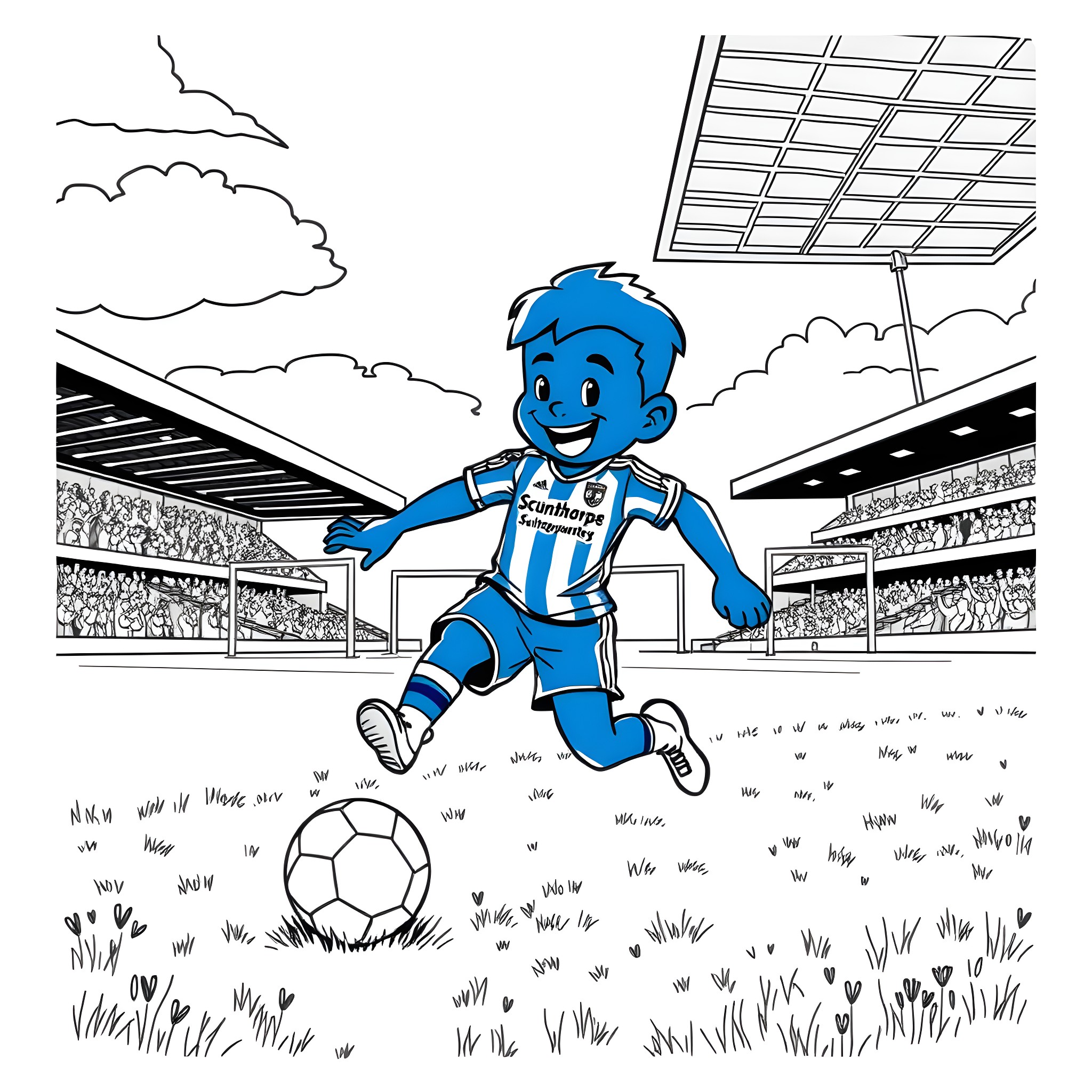 Bluey playing soccer on the field Coloring Page (free black-and-white line drawing printable PDF for all, from beginners to advanced learners, including children, teens, adults, and seniors)