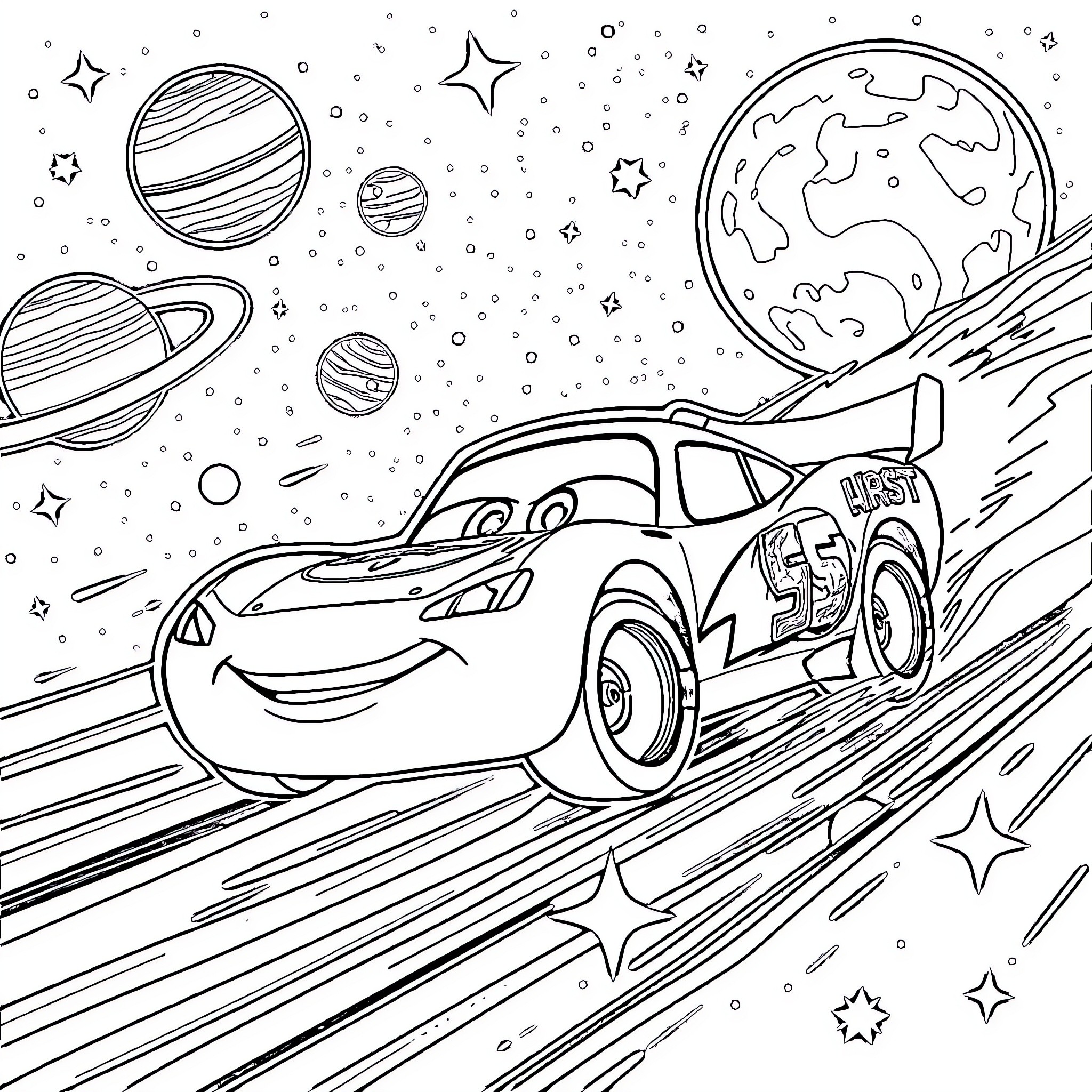 Lightning McQueen racing through the cosmos Coloring Page (free black-and-white line drawing printable PDF for all, from beginners to advanced learners, including children, teens, adults, and seniors)