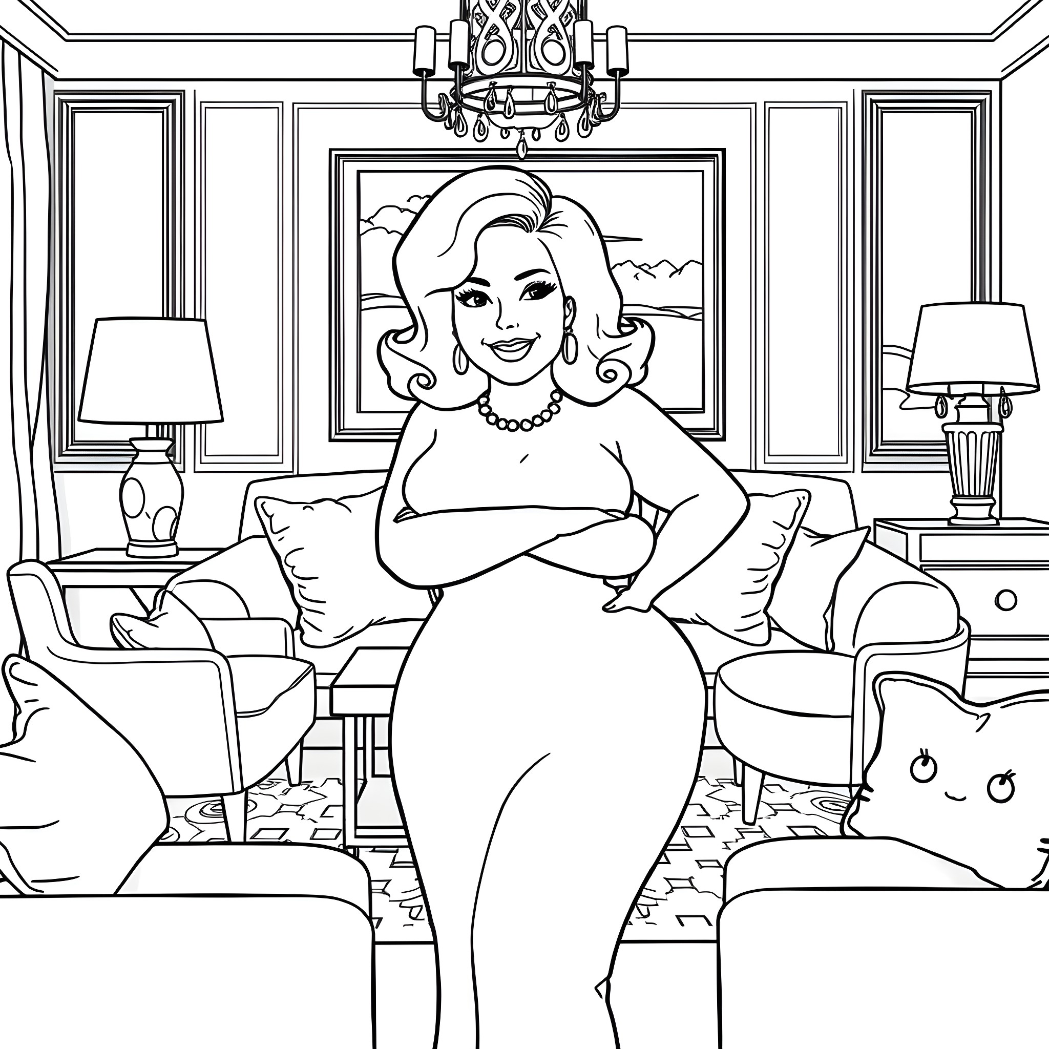 Lois Griffin in a luxurious living room setting Coloring Page (free black-and-white line drawing printable PDF for all, from beginners to advanced learners, including children, teens, adults, and seniors)