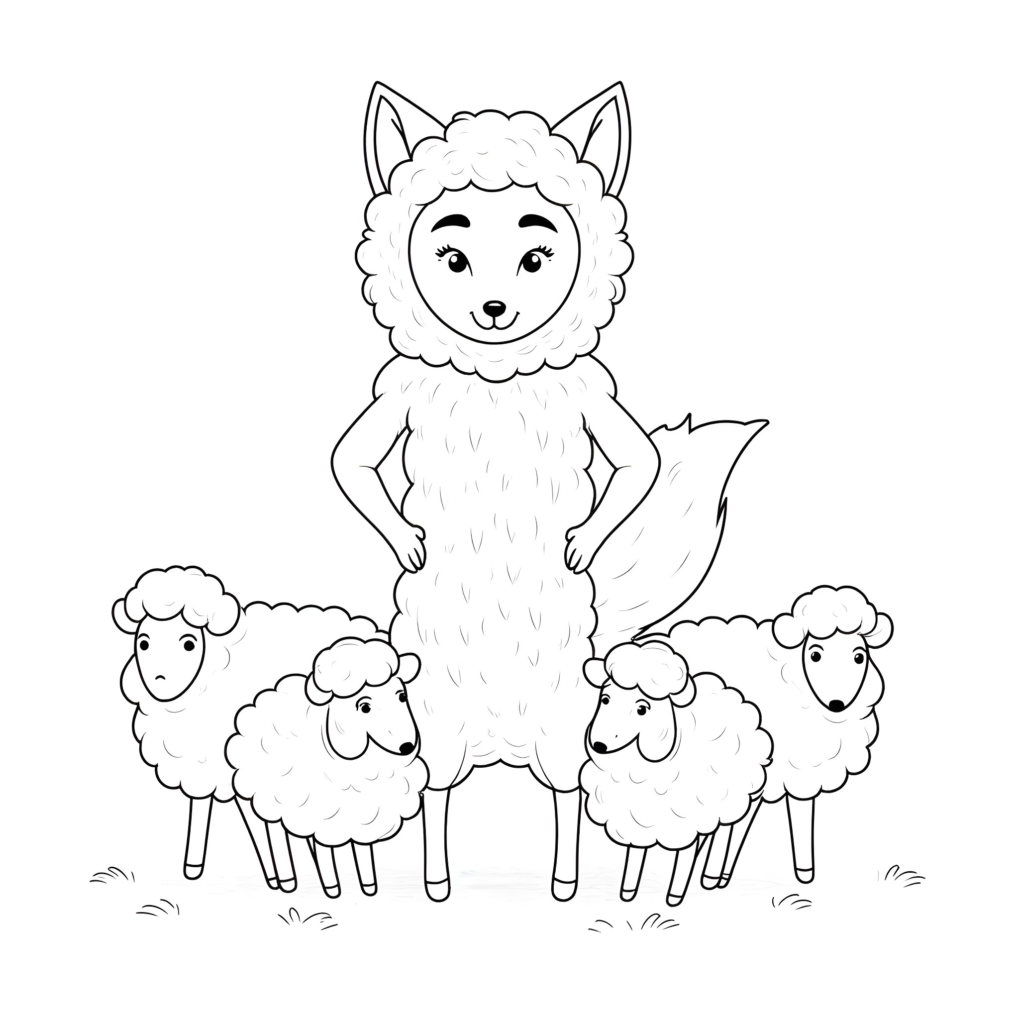 Fox leading a flock of sheep in a field Coloring Page (free black-and-white line drawing printable PDF for all, from beginners to advanced learners, including children, teens, adults, and seniors)