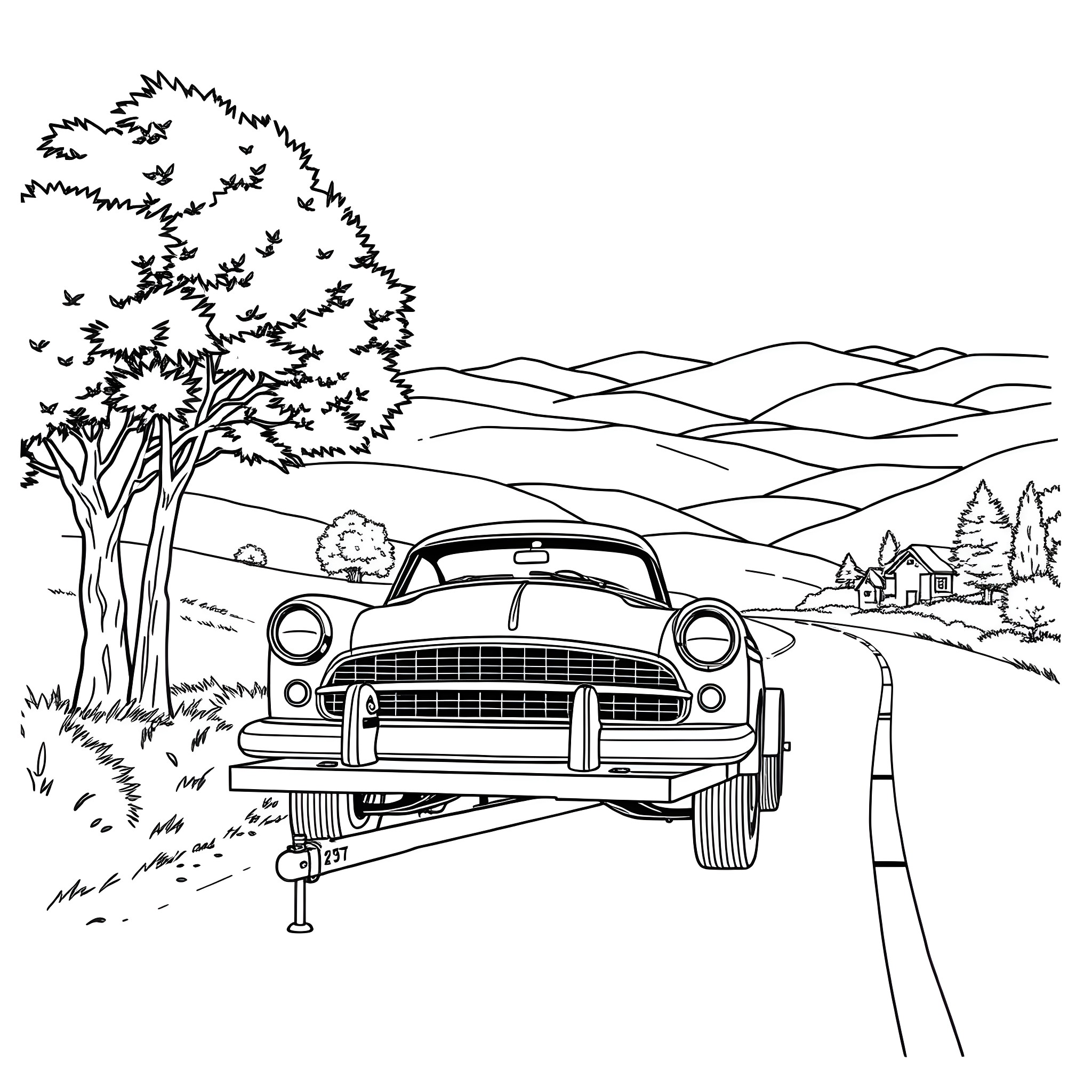 Classic Car on a Country Road Coloring Page (free black-and-white line drawing printable PDF for all, from beginners to advanced learners, including children, teens, adults, and seniors)