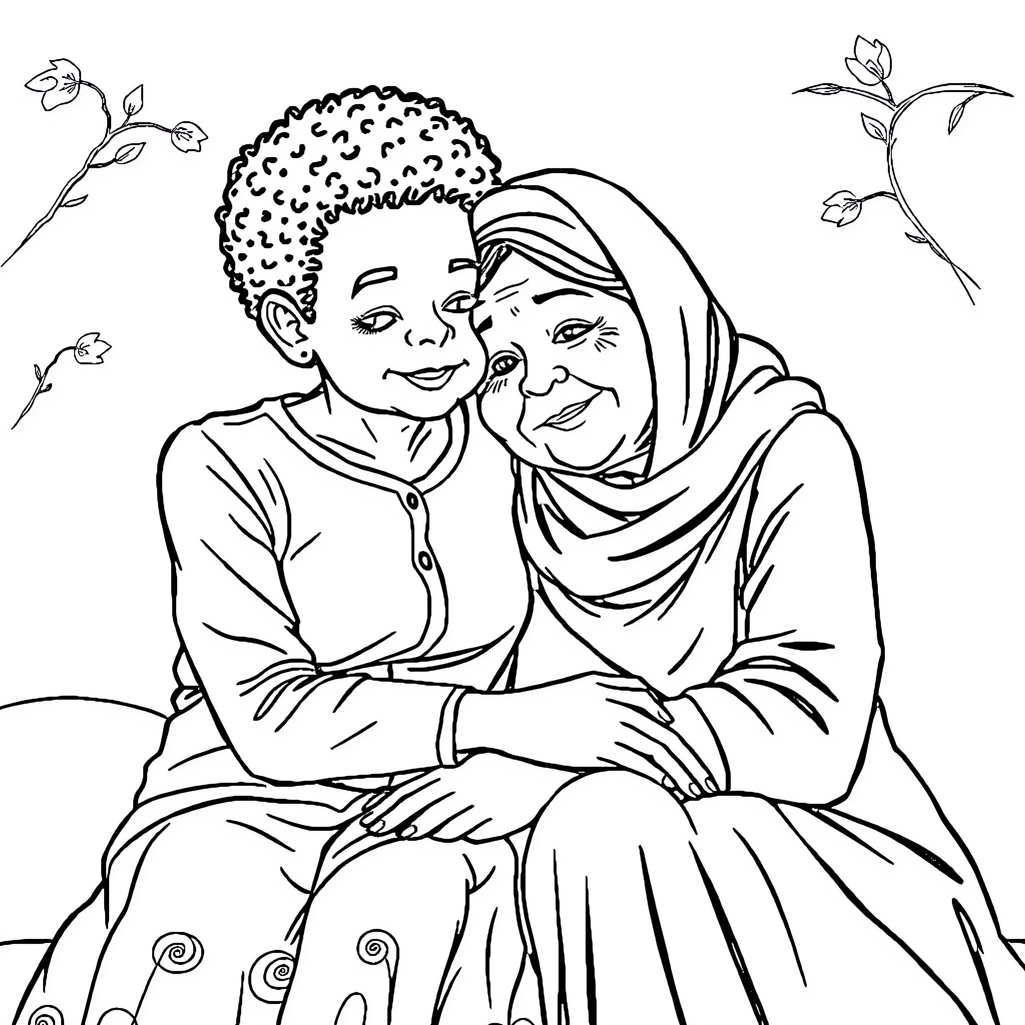 Girl embracing her loved one with affection Coloring Page (free black-and-white line drawing printable PDF for all, from beginners to advanced learners, including children, teens, adults, and seniors)
