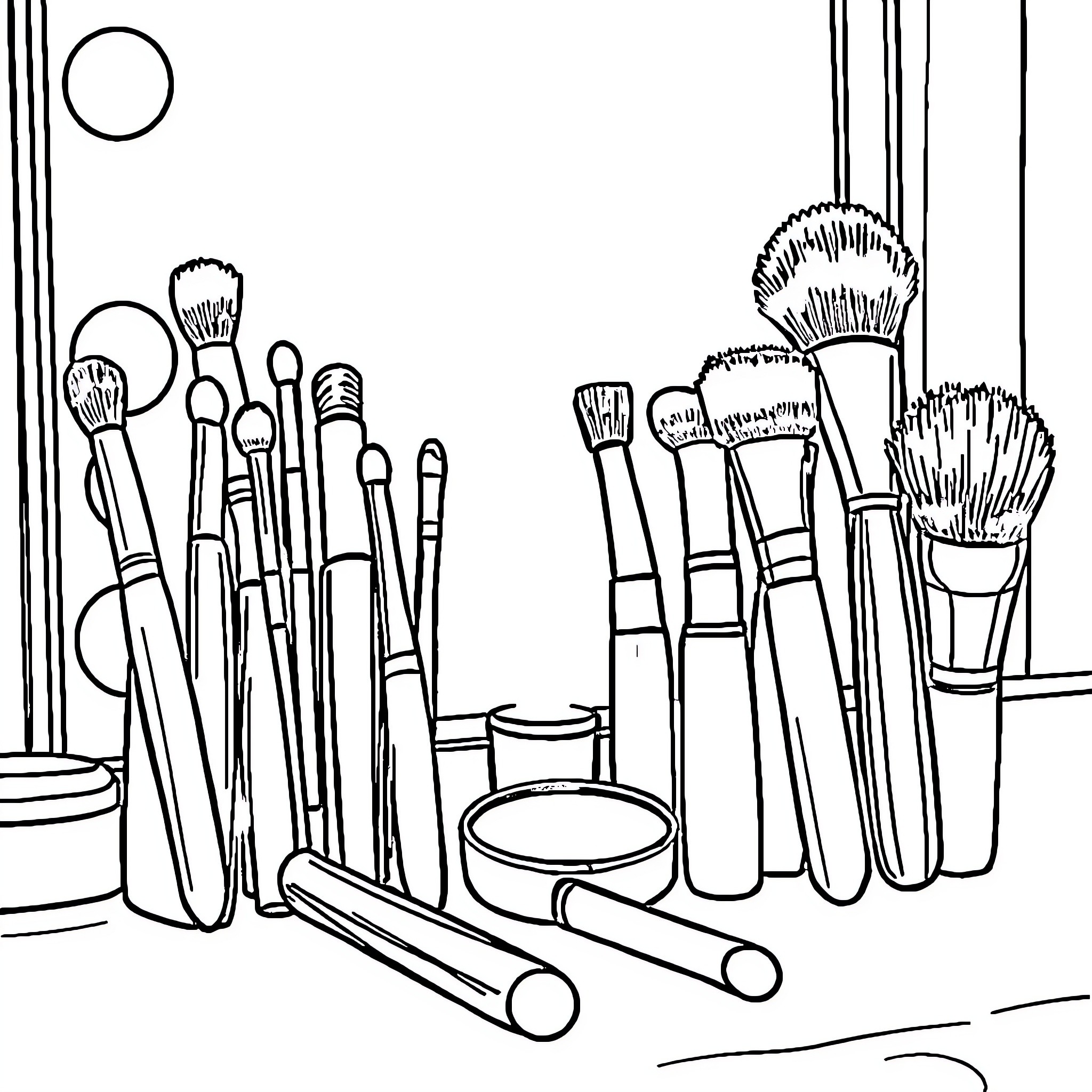 Makeup Brush Collection Arrangement Coloring Page (free black-and-white line drawing printable PDF for all, from beginners to advanced learners, including children, teens, adults, and seniors)